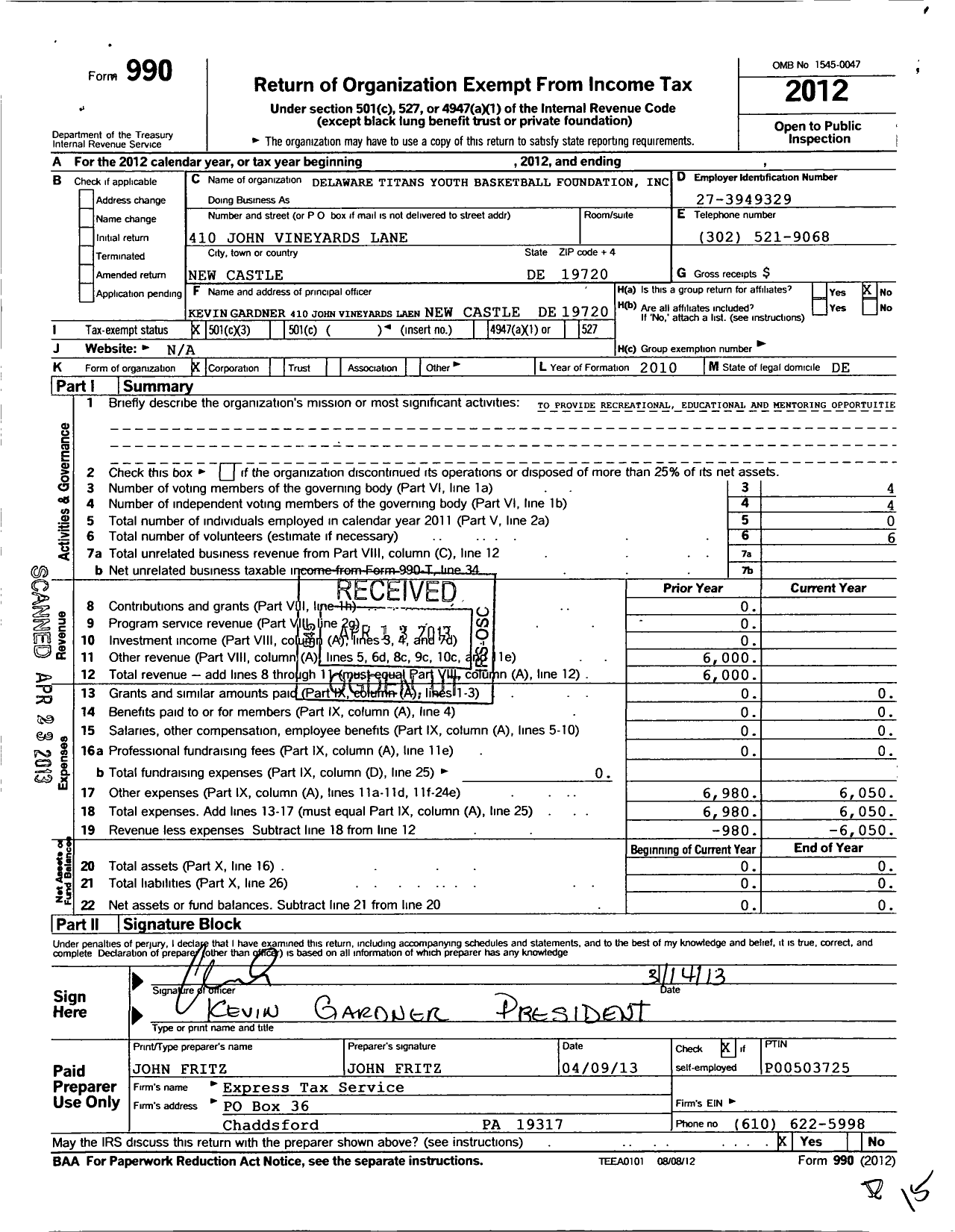 Image of first page of 2012 Form 990 for Delaware Titans Youth Basketball Foundation