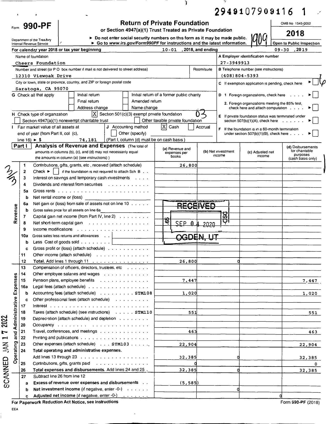 Image of first page of 2018 Form 990PF for Cheers Foundation