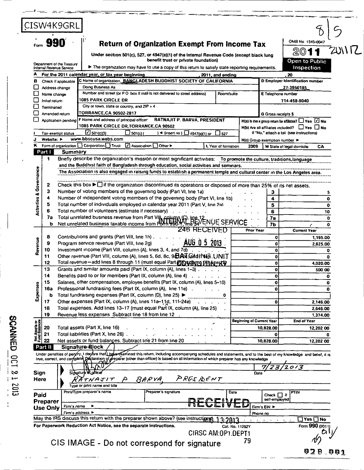 Image of first page of 2011 Form 990 for Bangladesh Buddhist Society of California