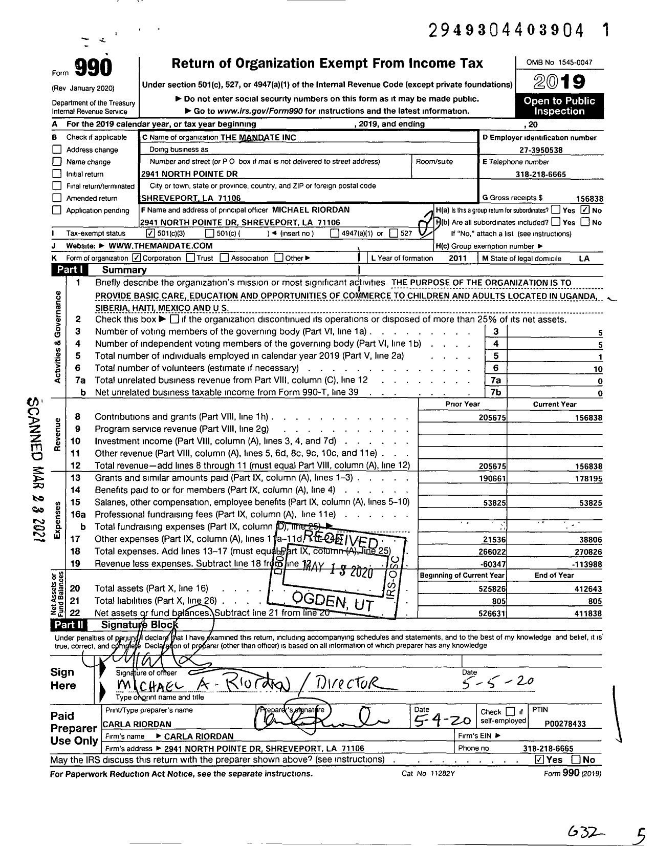 Image of first page of 2019 Form 990 for Mandate