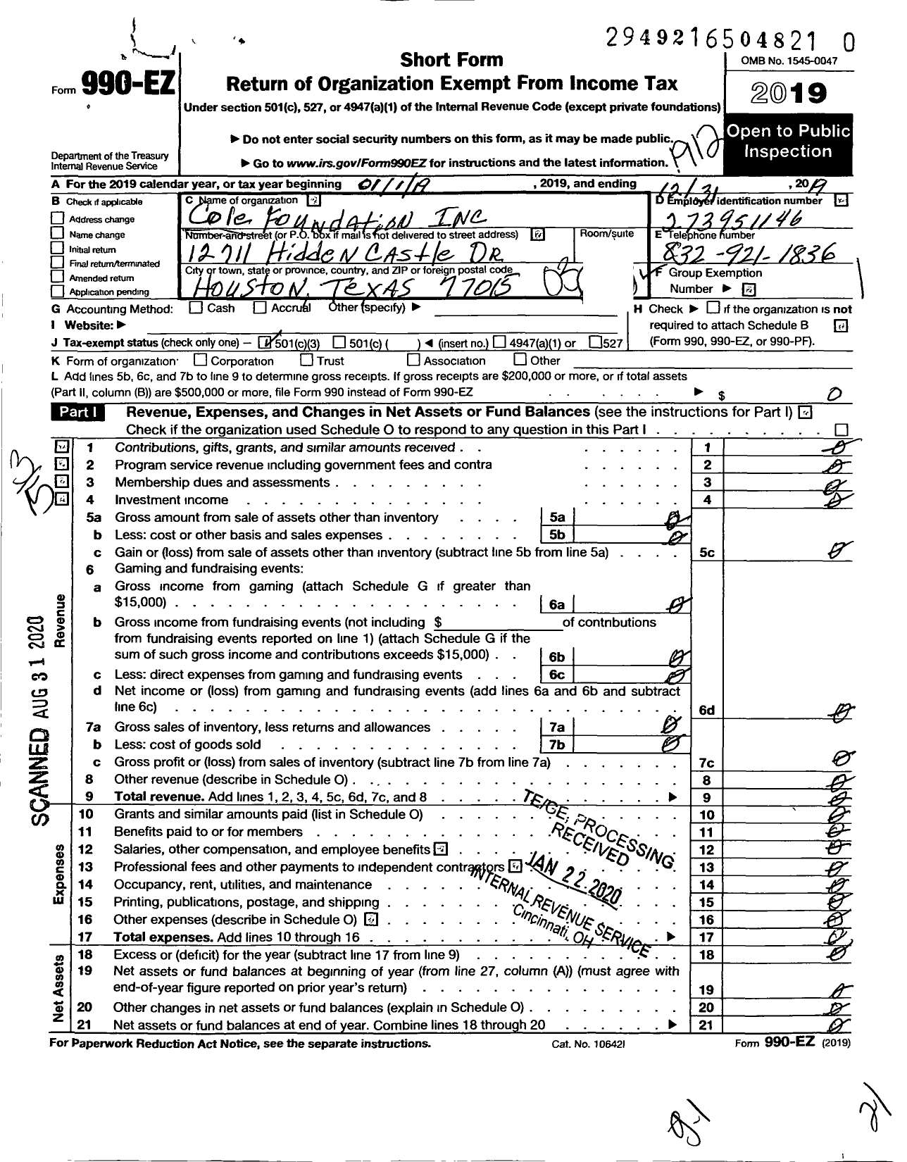 Image of first page of 2019 Form 990EZ for Cole Foundation