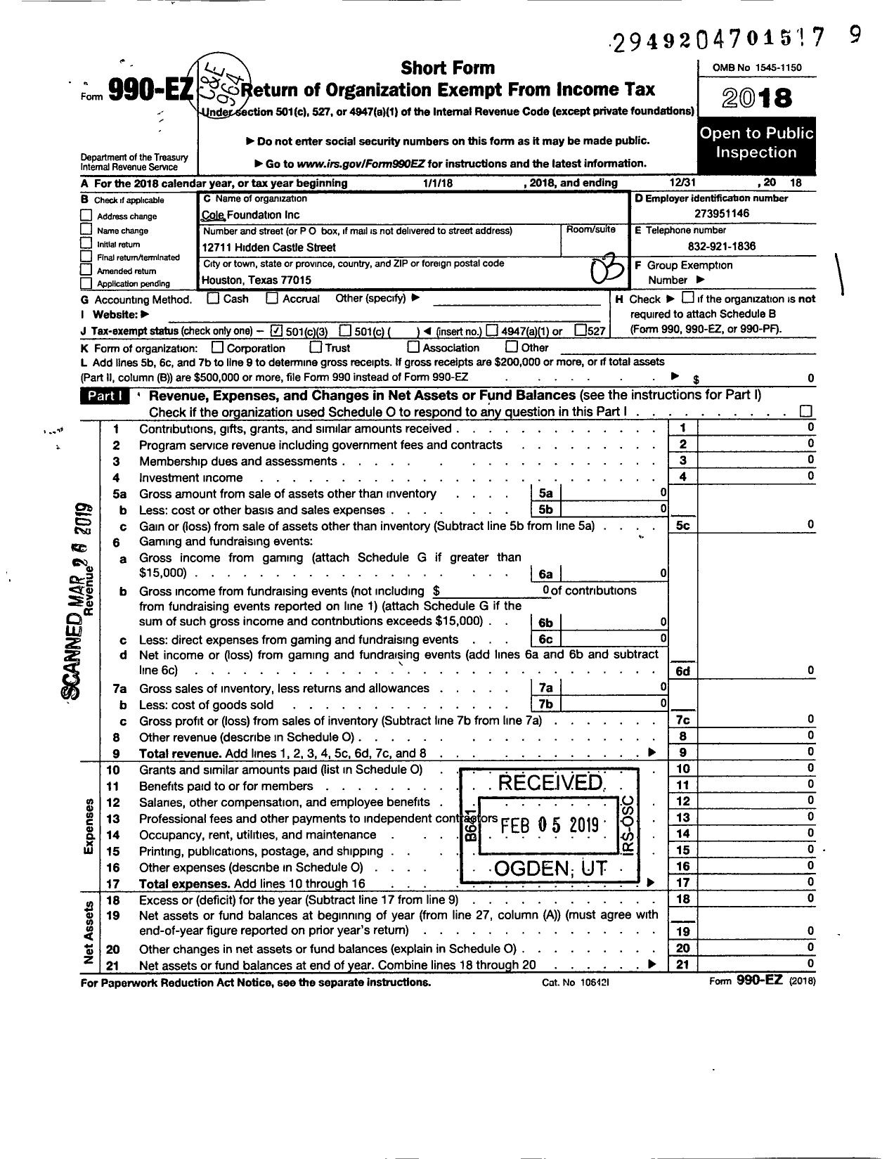 Image of first page of 2018 Form 990EZ for Cole Foundation