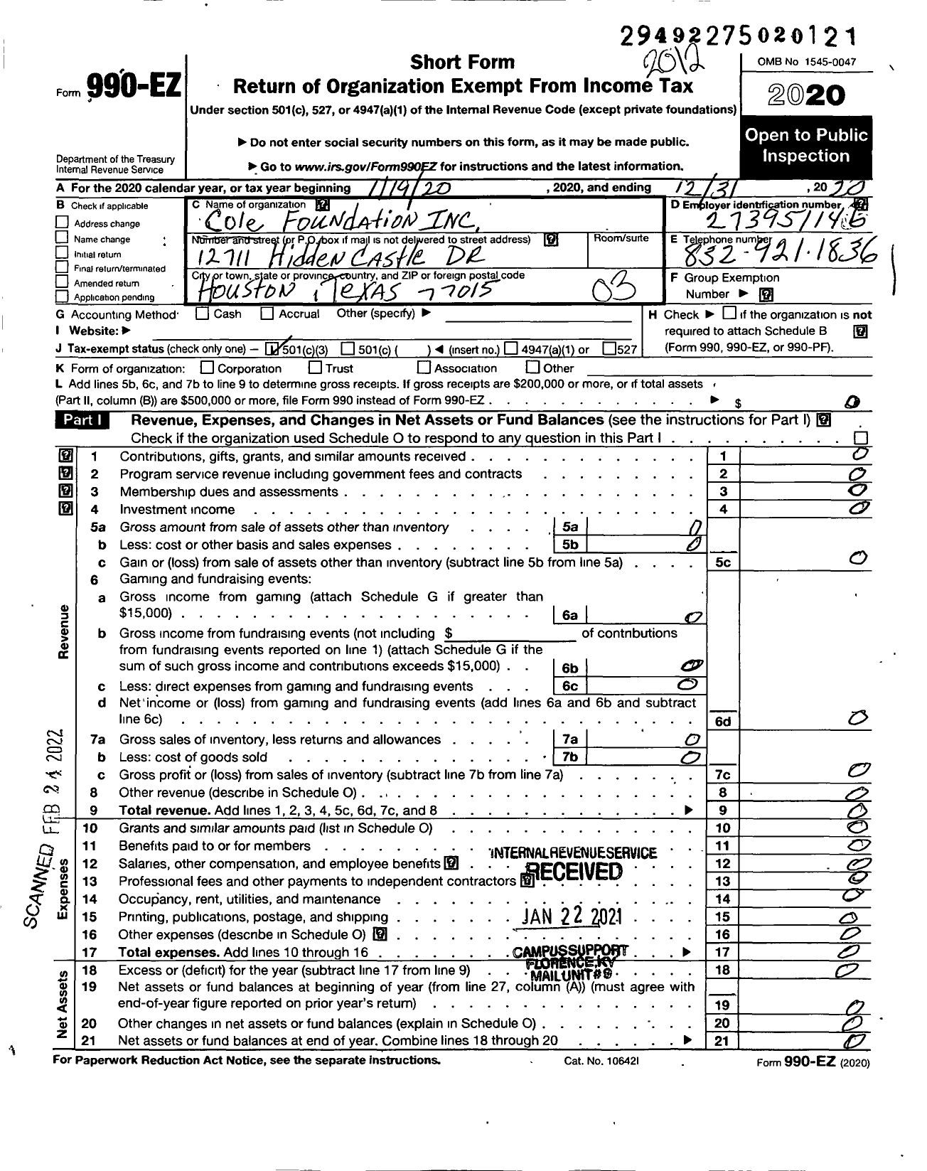 Image of first page of 2020 Form 990EZ for Cole Foundation