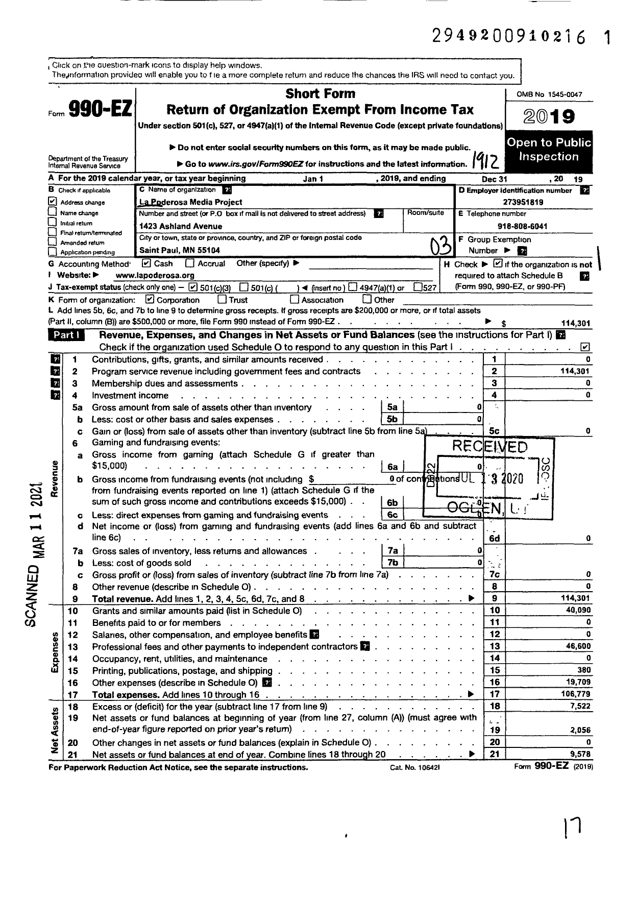 Image of first page of 2019 Form 990EZ for La Poderosa Media Project