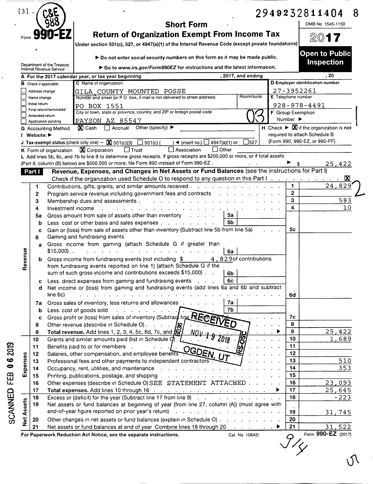 Image of first page of 2017 Form 990EZ for Gila County Mounted Posse