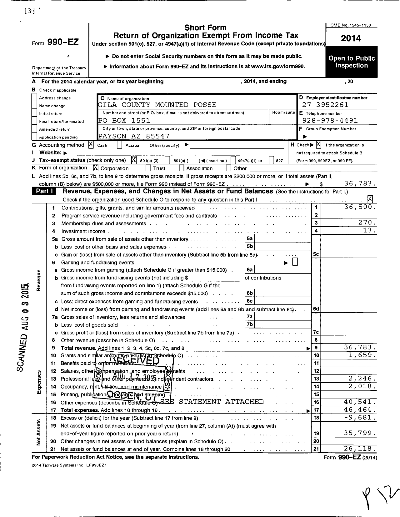 Image of first page of 2014 Form 990EZ for Gila County Mounted Posse