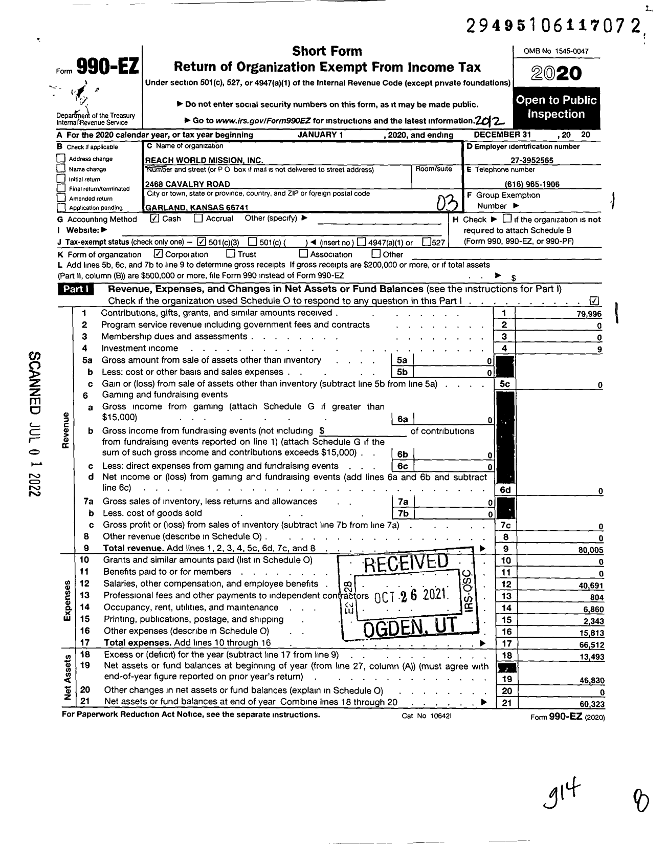 Image of first page of 2020 Form 990EZ for Reach World Mission