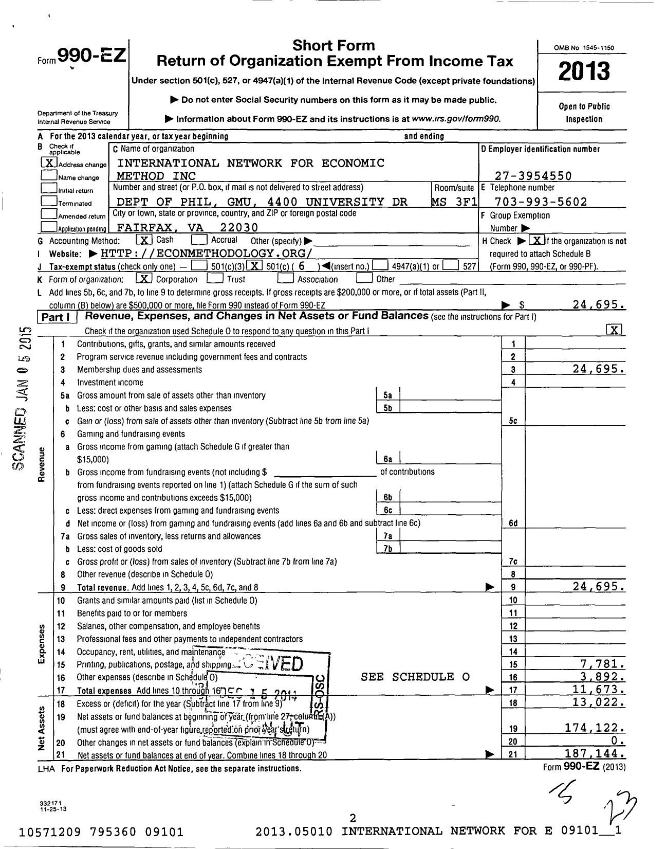 Image of first page of 2013 Form 990EO for International Network for Economic Method