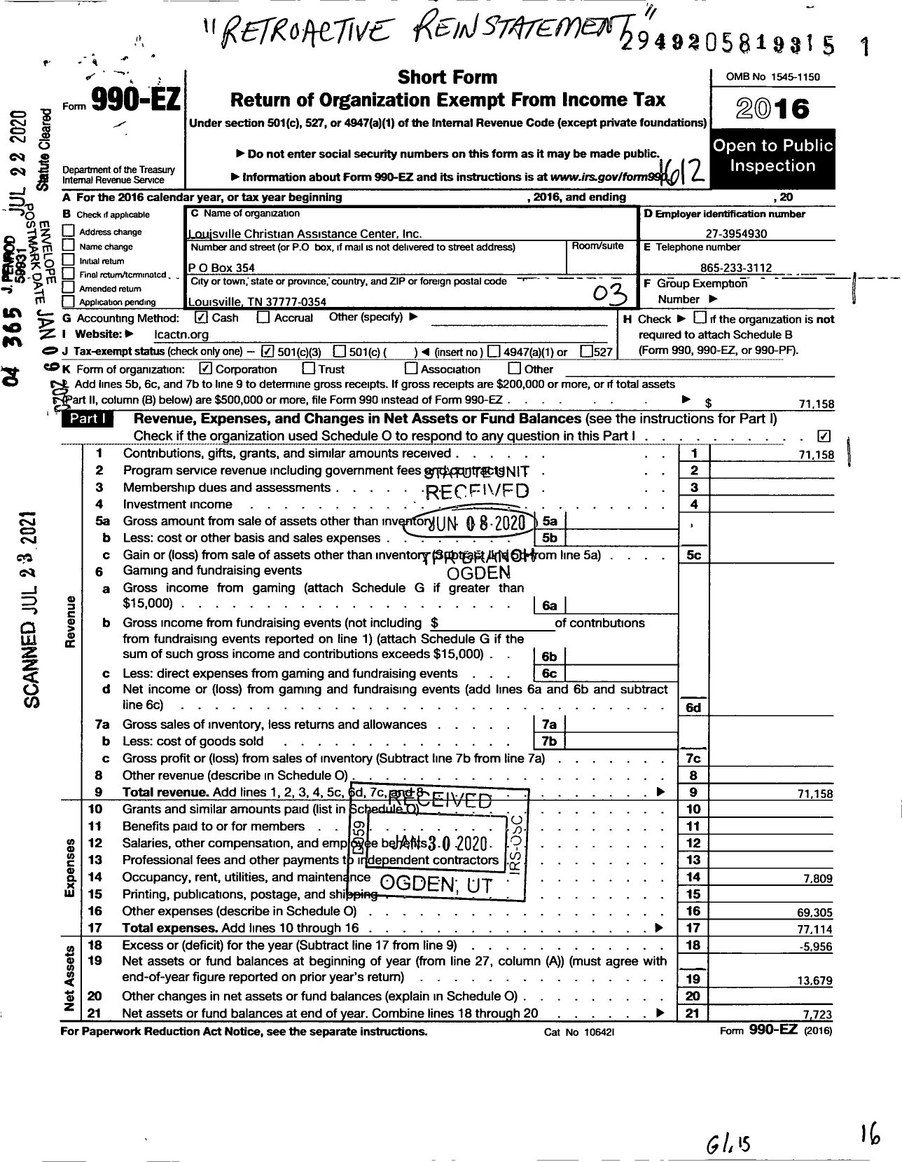 Image of first page of 2016 Form 990EZ for Louisville Christian Assistance Center