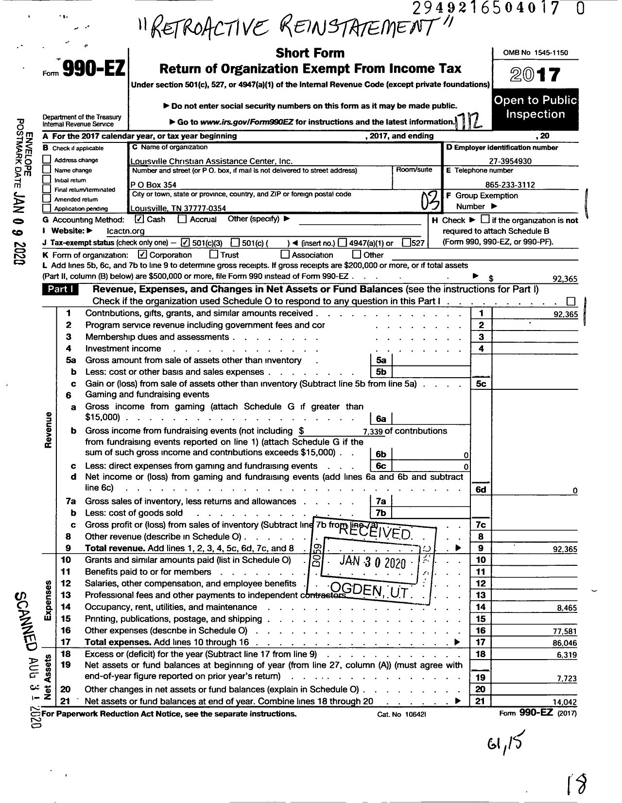 Image of first page of 2017 Form 990EZ for Louisville Christian Assistance Center