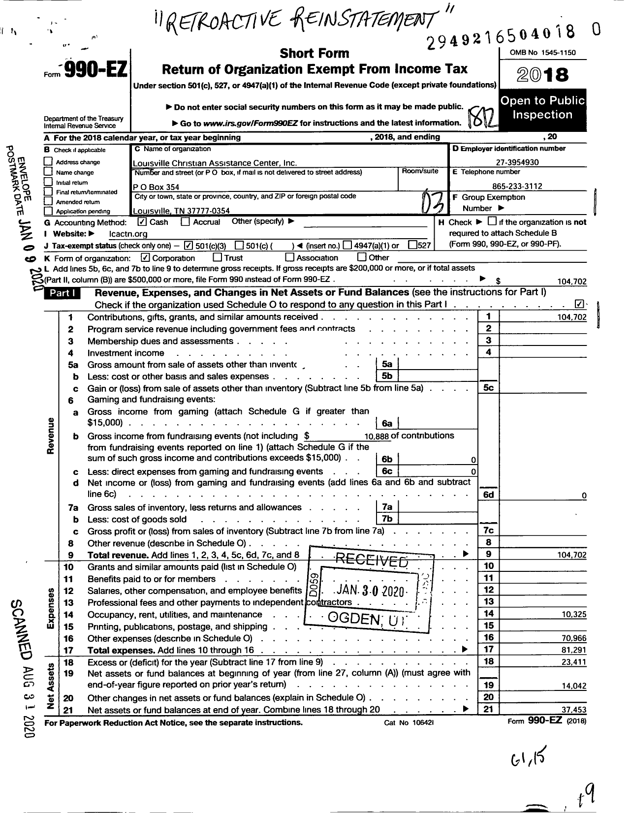 Image of first page of 2018 Form 990EZ for Louisville Christian Assistance Center