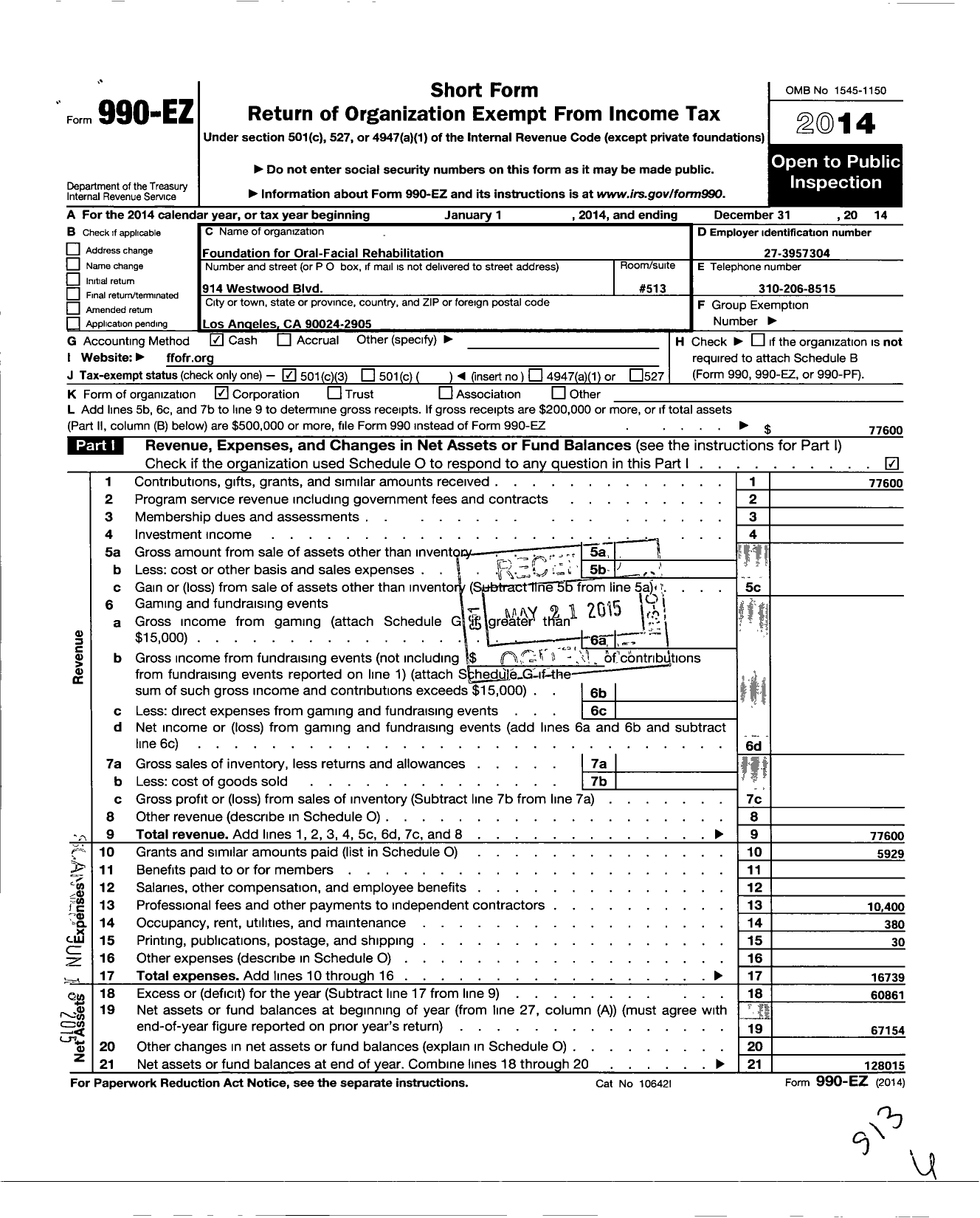 Image of first page of 2014 Form 990EZ for Foundation for Oral-facial Rehabilitation