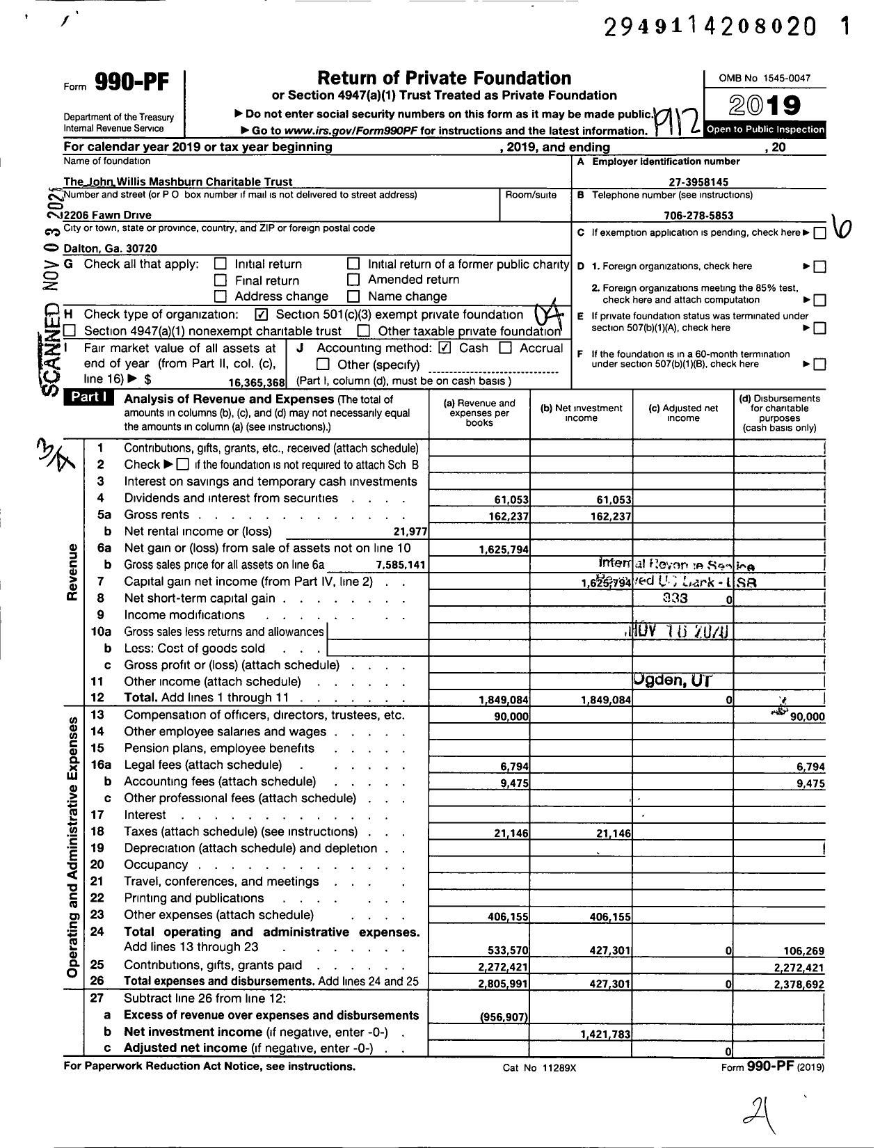 Image of first page of 2019 Form 990PF for John Willis Mashburn Charitable Trust