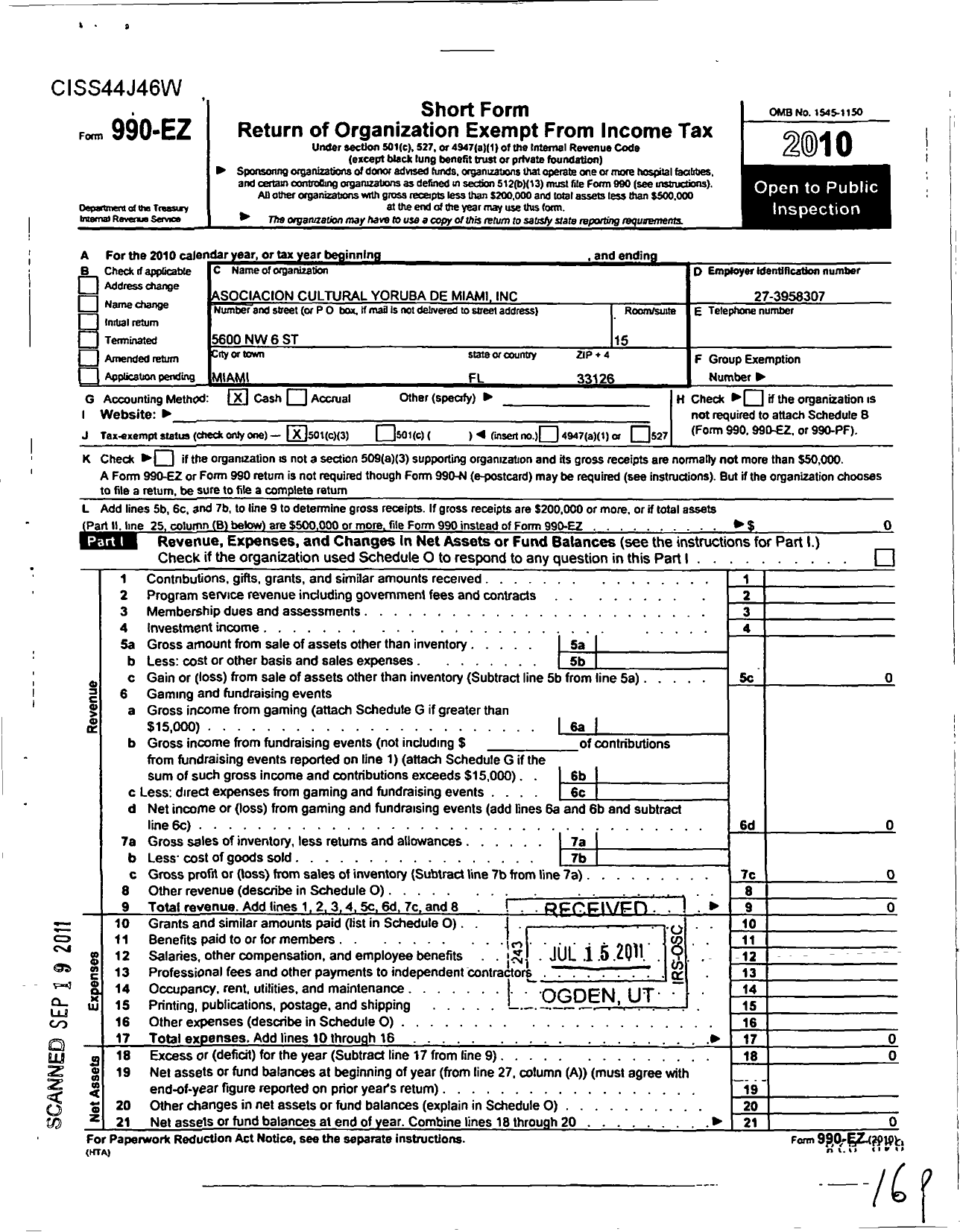 Image of first page of 2010 Form 990EZ for Asociacion Cultural Yoruba de Miami