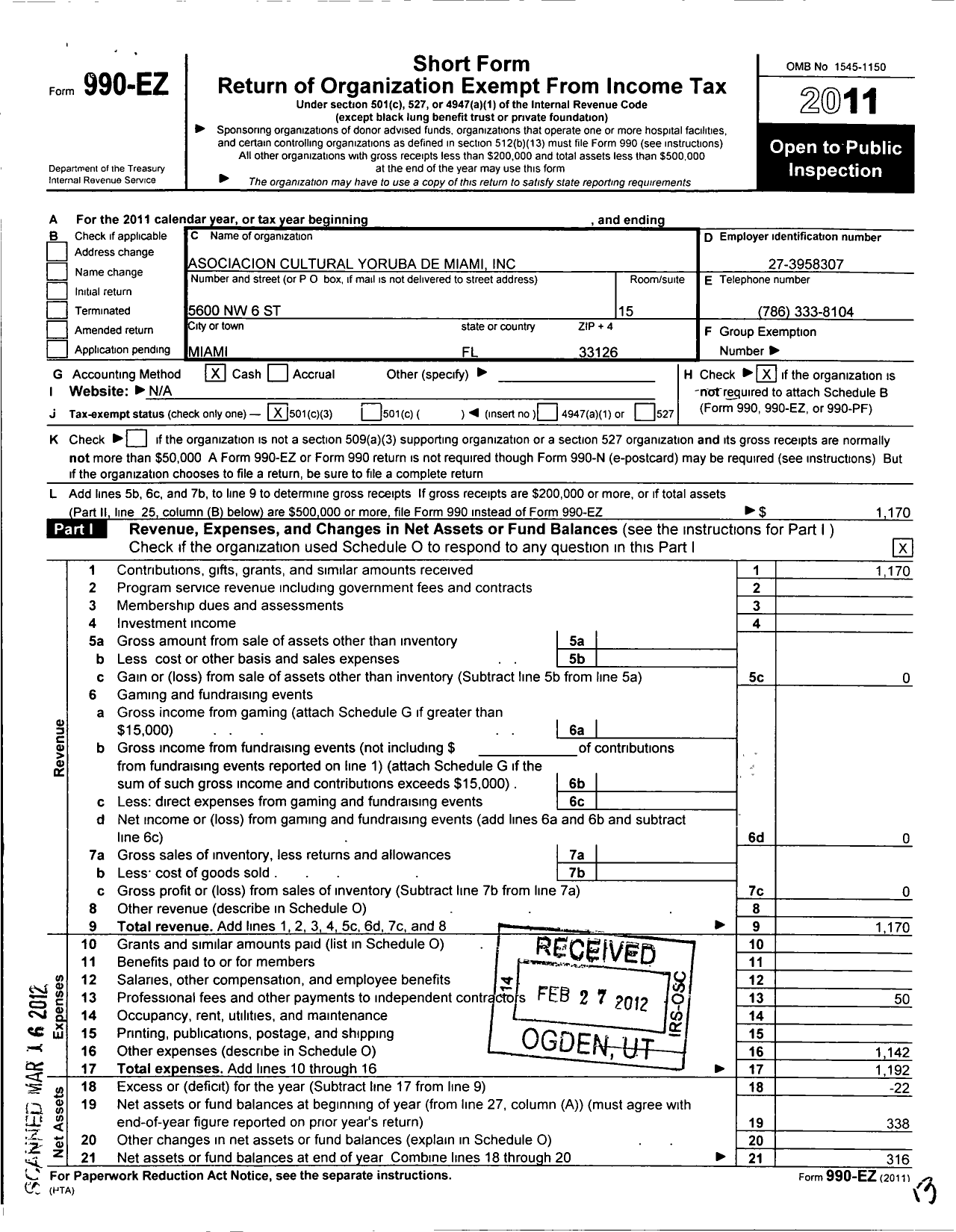 Image of first page of 2011 Form 990EZ for Asociacion Cultural Yoruba de Miami