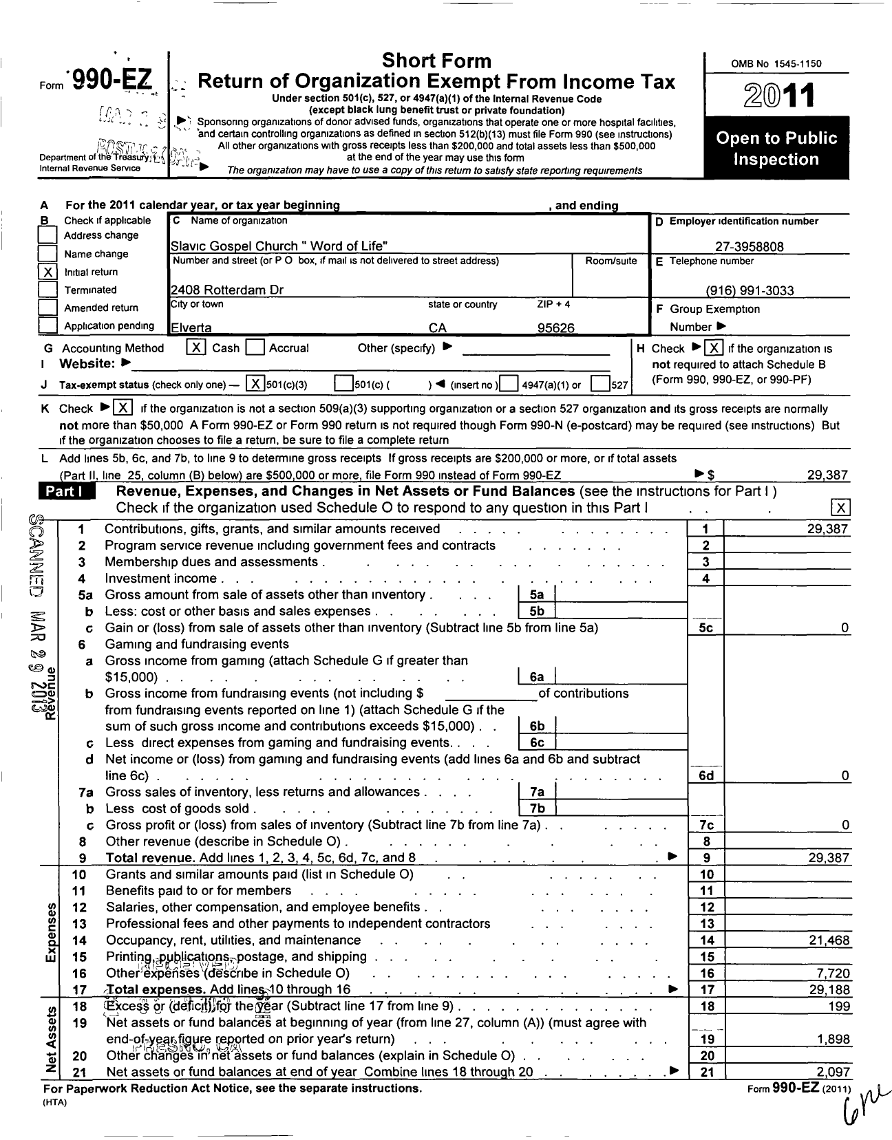 Image of first page of 2011 Form 990EZ for Slavic Gospel Church Word of Life