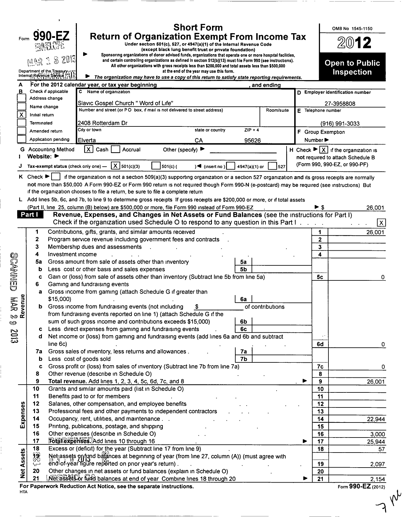 Image of first page of 2012 Form 990EZ for Slavic Gospel Church Word of Life
