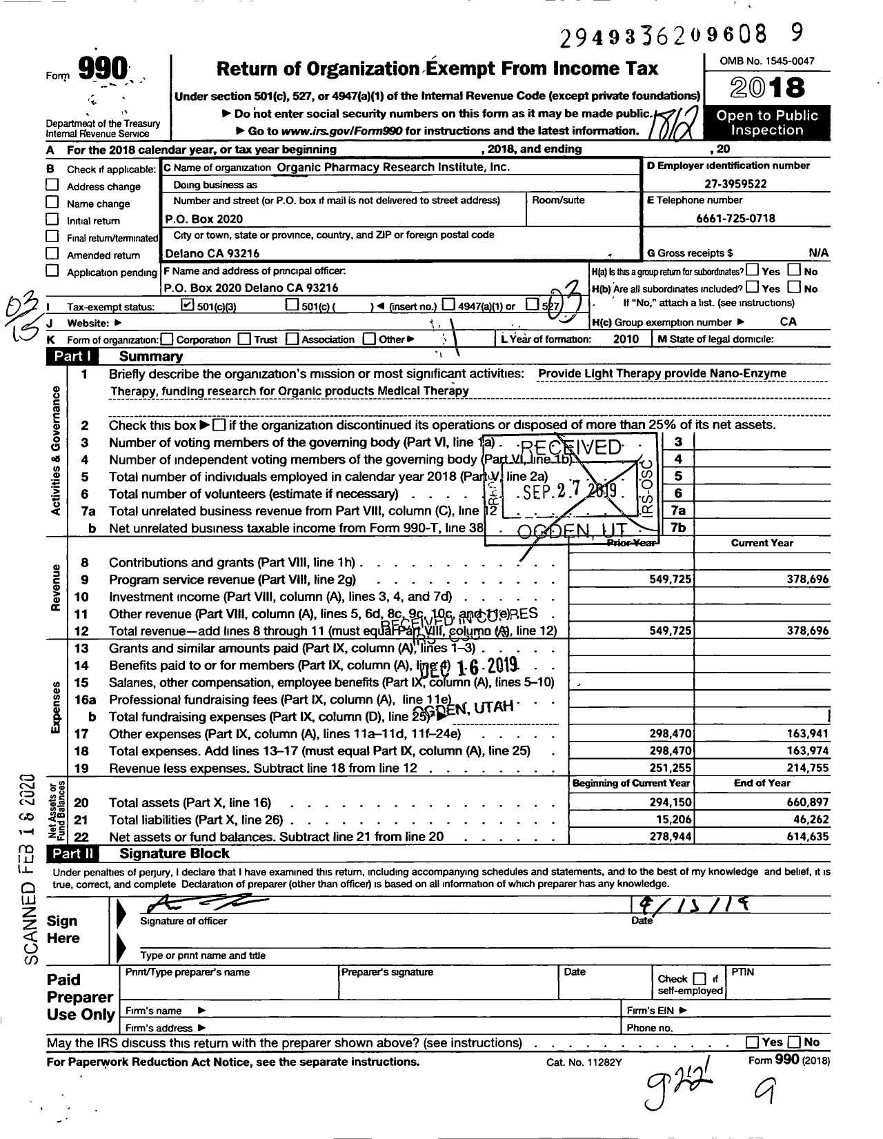 Image of first page of 2018 Form 990 for Organic Pharmacy Research Institute