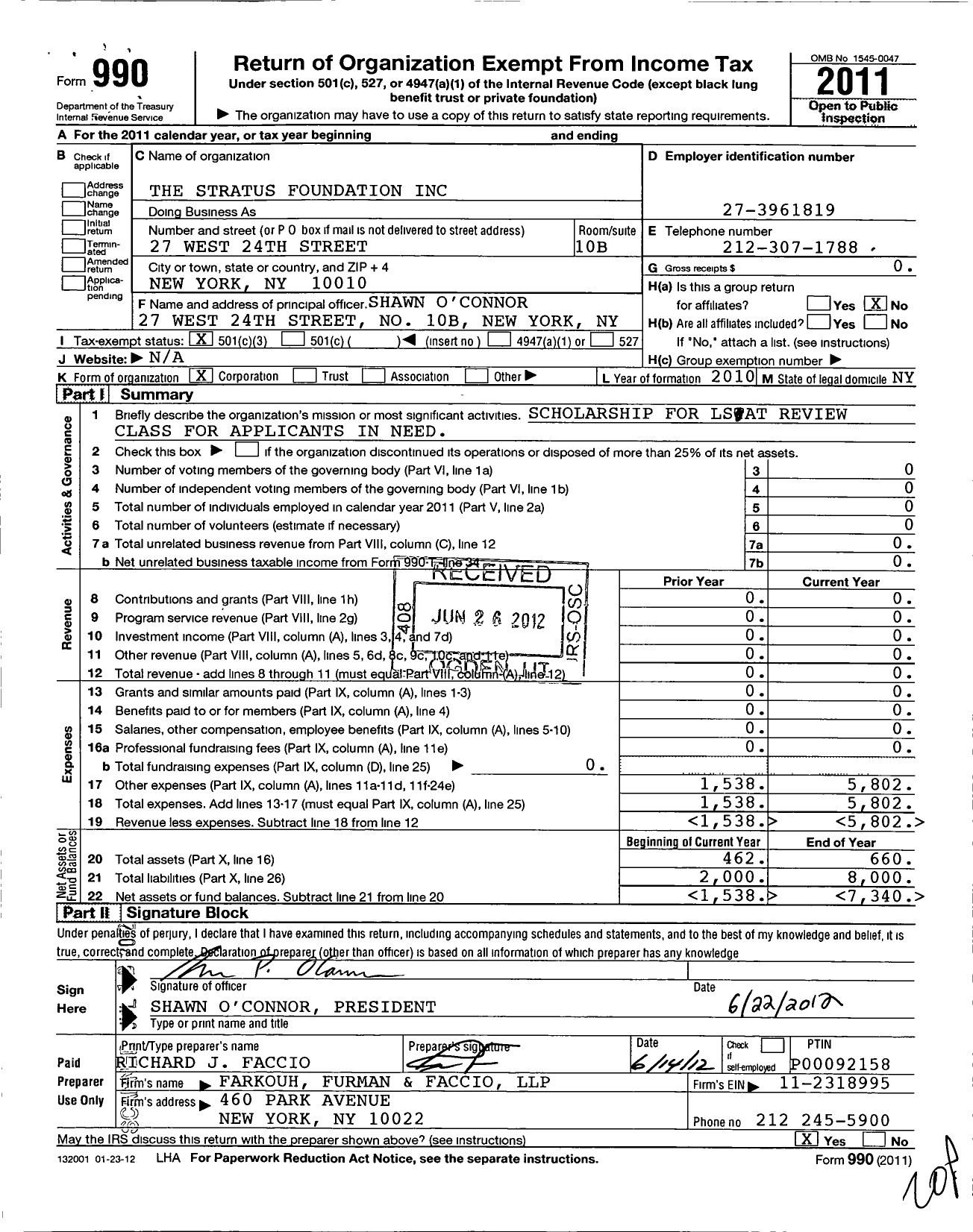 Image of first page of 2011 Form 990 for The Stratus Foundation