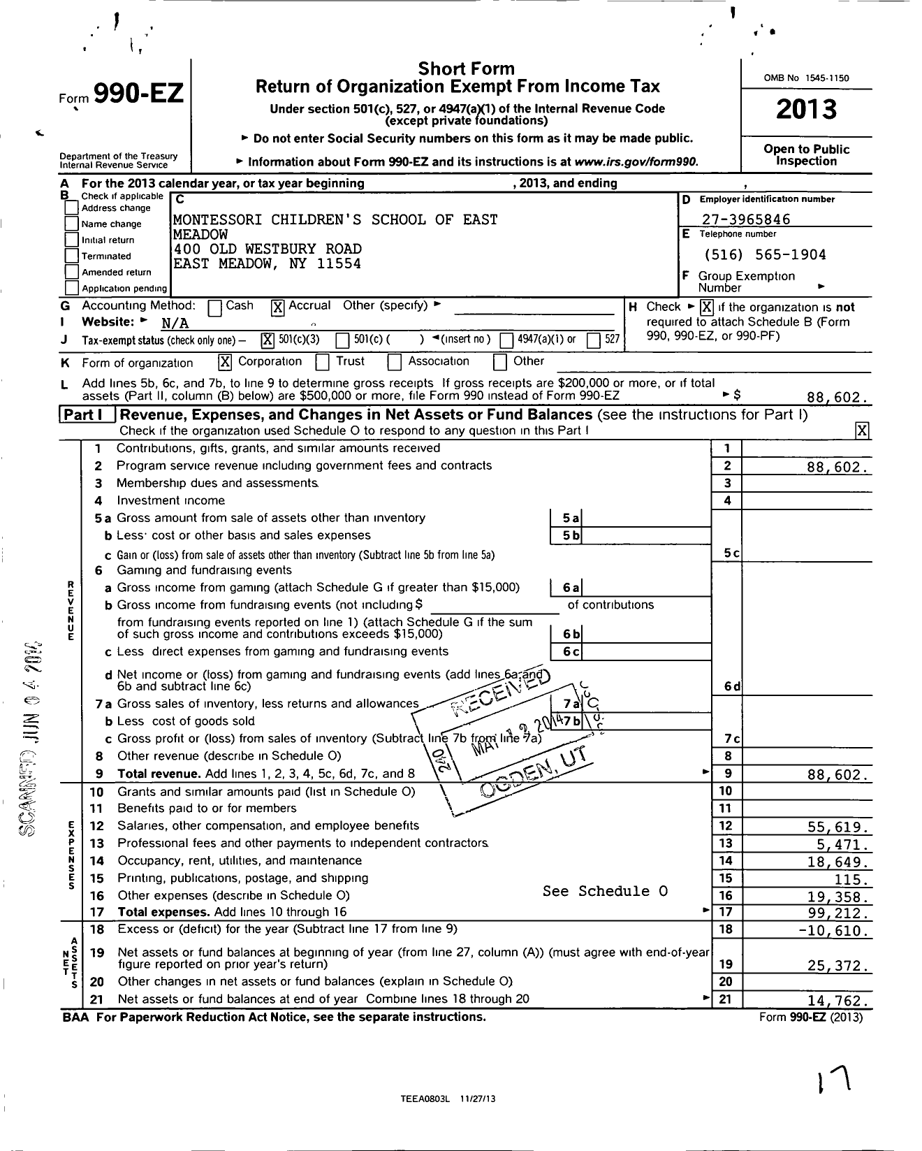 Image of first page of 2013 Form 990EZ for Montessori Childrens School of East Meadow