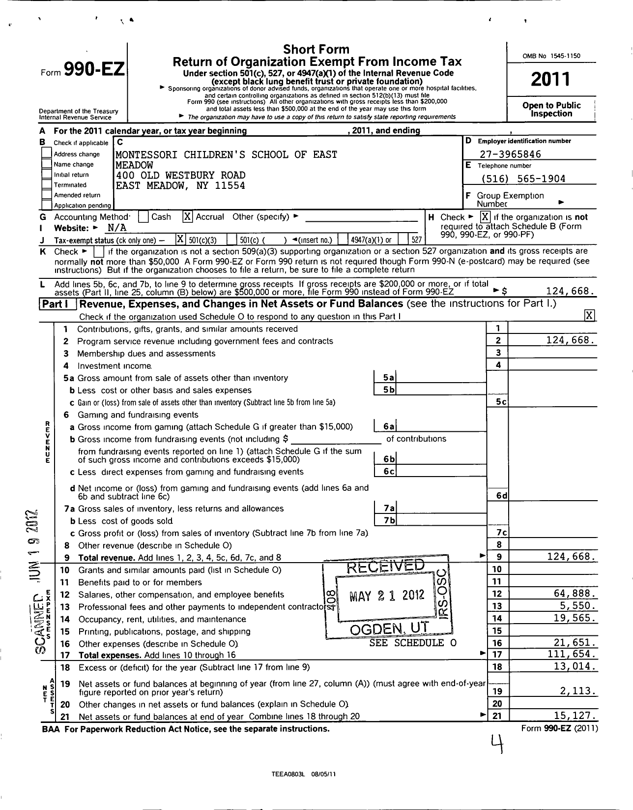 Image of first page of 2011 Form 990EZ for Montessori Childrens School of East Meadow