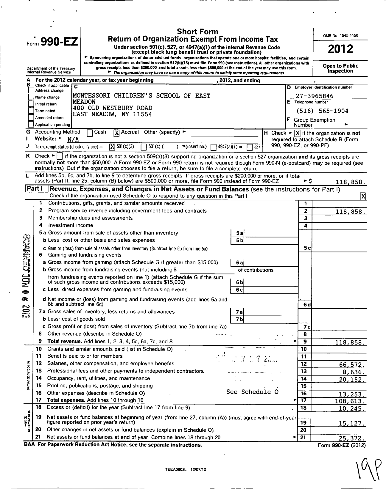 Image of first page of 2012 Form 990EZ for Montessori Childrens School of East Meadow