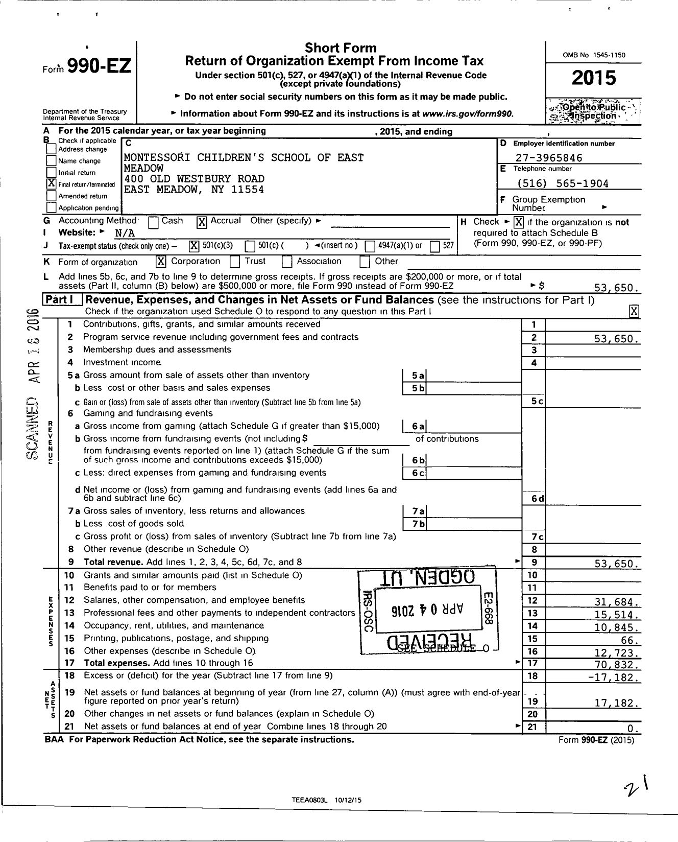 Image of first page of 2015 Form 990EZ for Montessori Childrens School of East Meadow