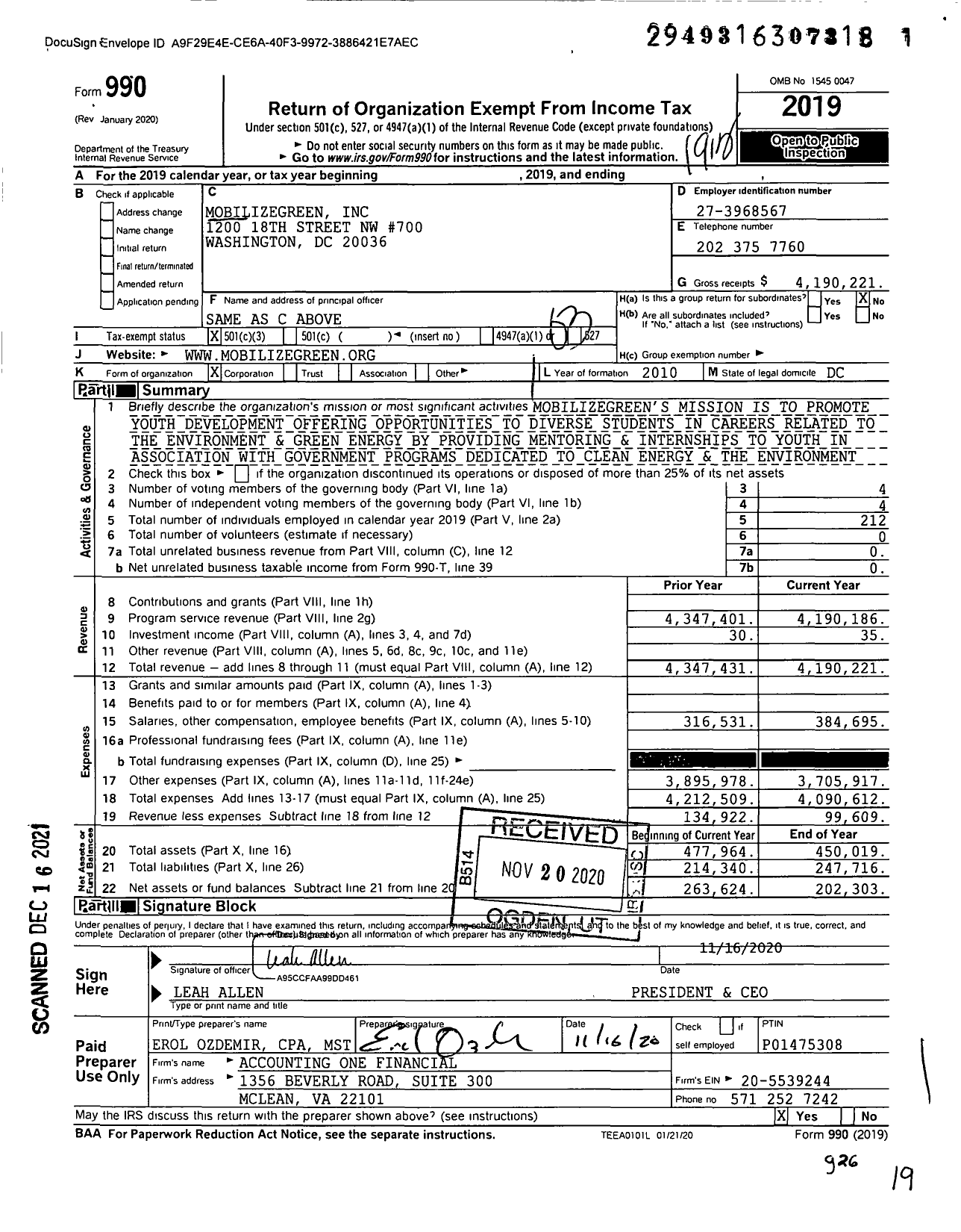 Image of first page of 2019 Form 990 for MobilizeGreen