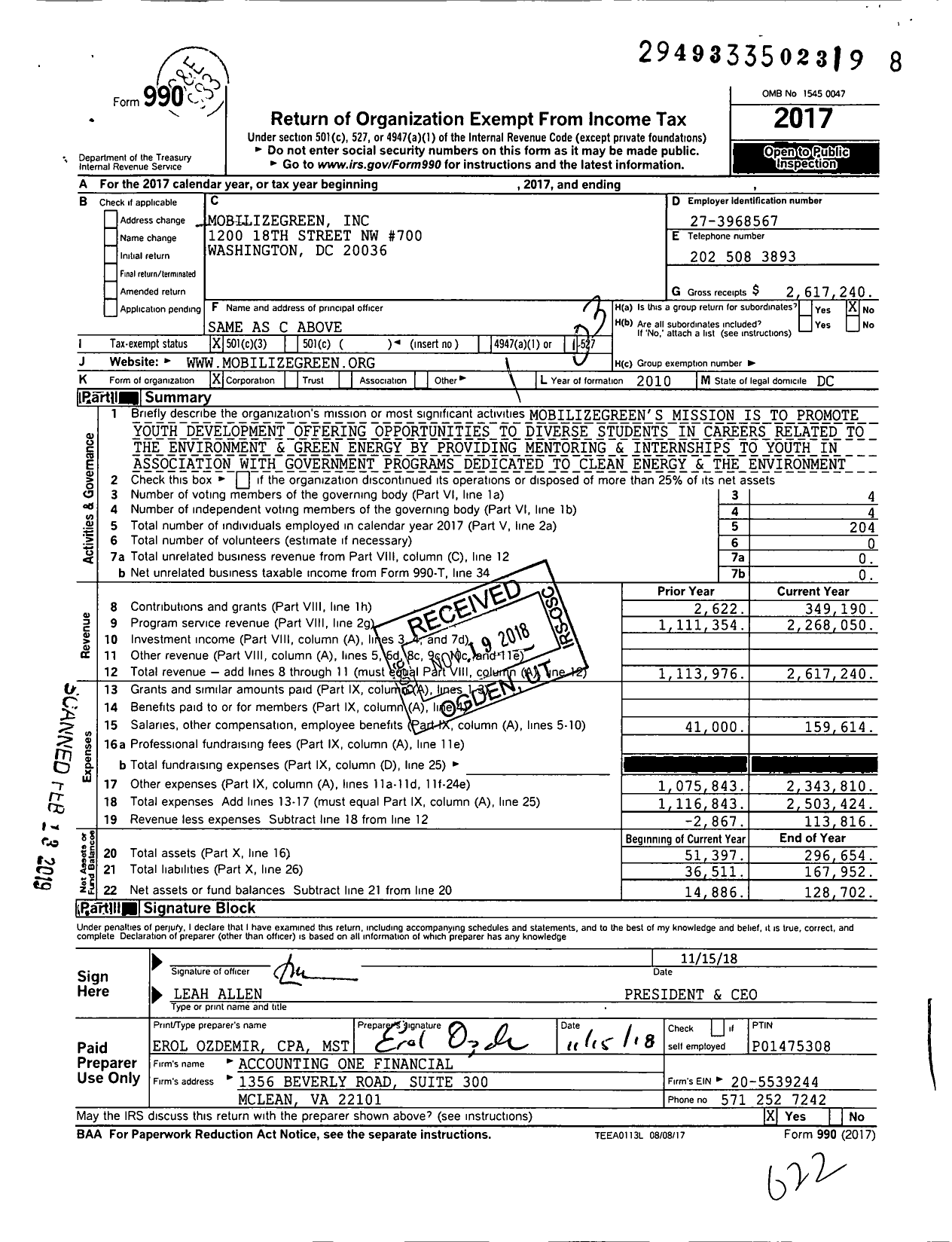 Image of first page of 2017 Form 990 for MobilizeGreen