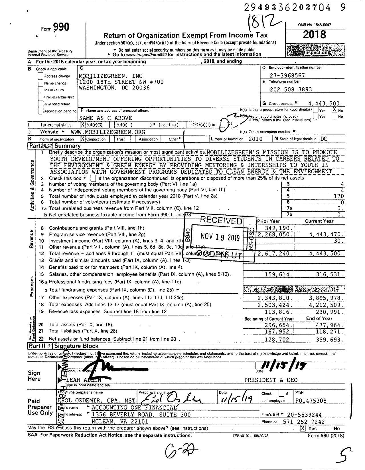 Image of first page of 2018 Form 990 for MobilizeGreen
