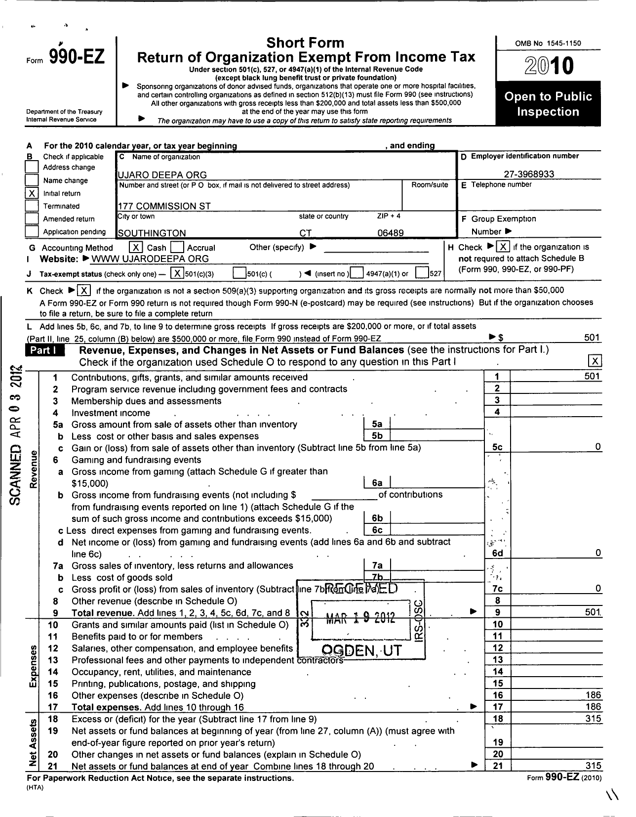 Image of first page of 2010 Form 990EZ for Ujaro Deepa Org