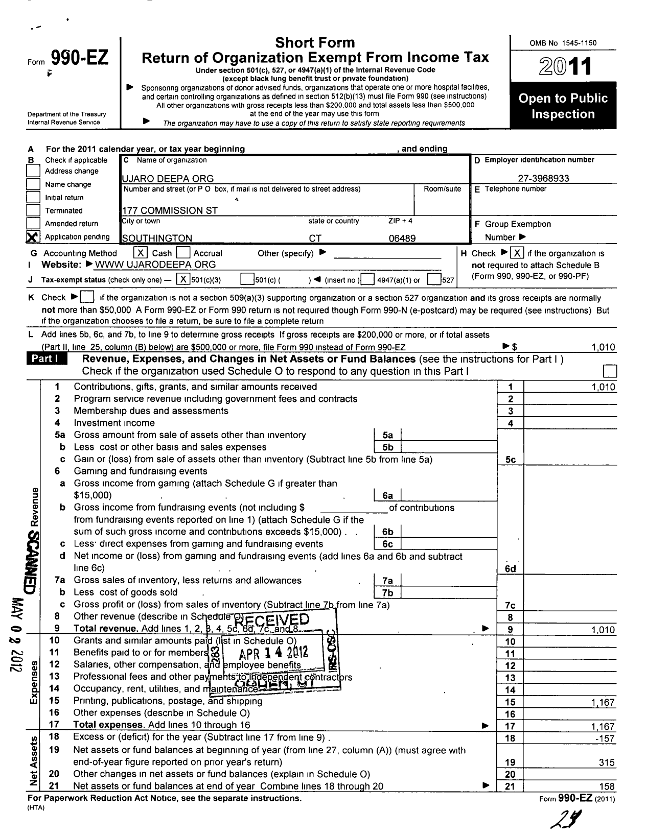 Image of first page of 2011 Form 990EZ for Ujaro Deepa Org