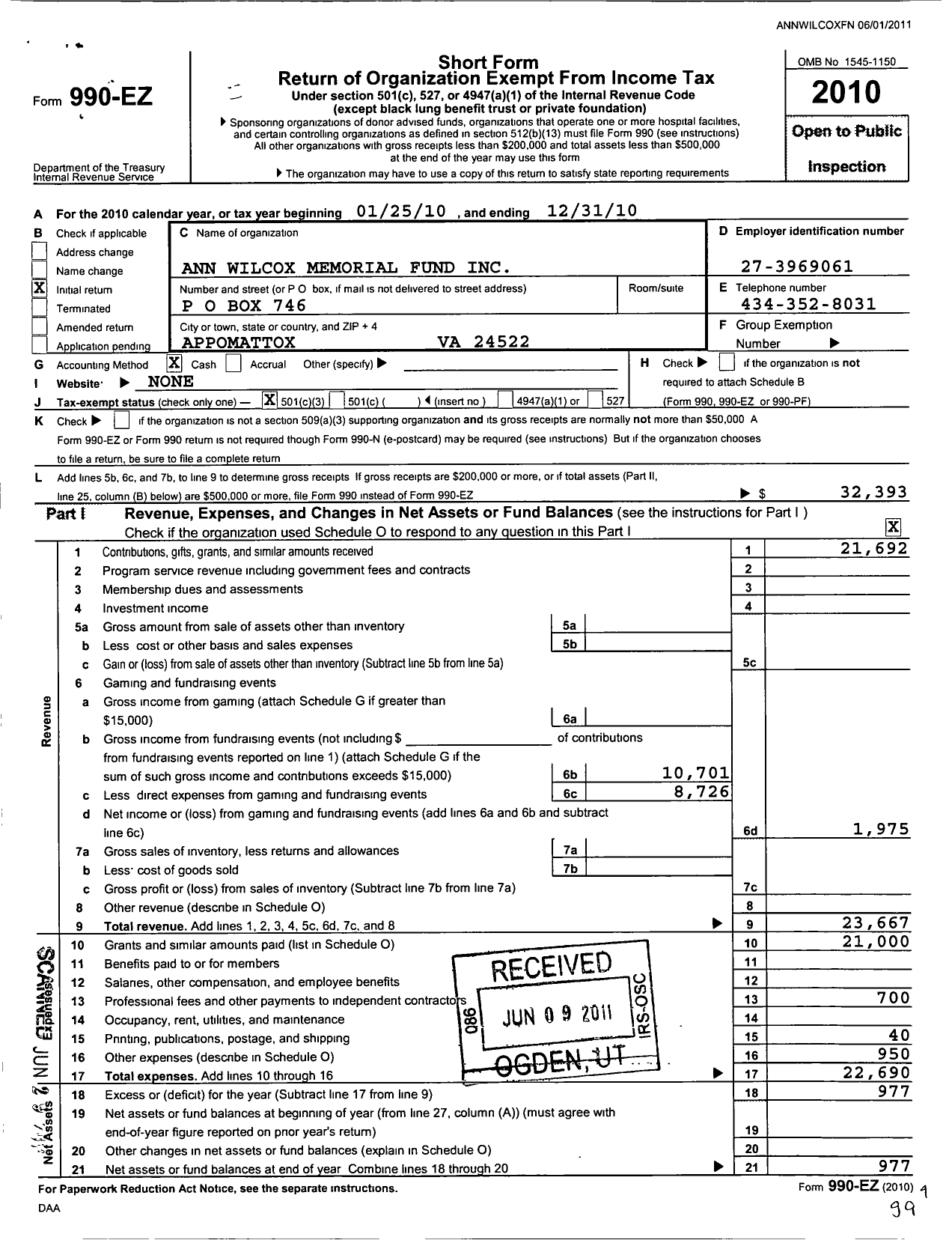 Image of first page of 2010 Form 990EZ for Ann Wilcox Memorial Fund