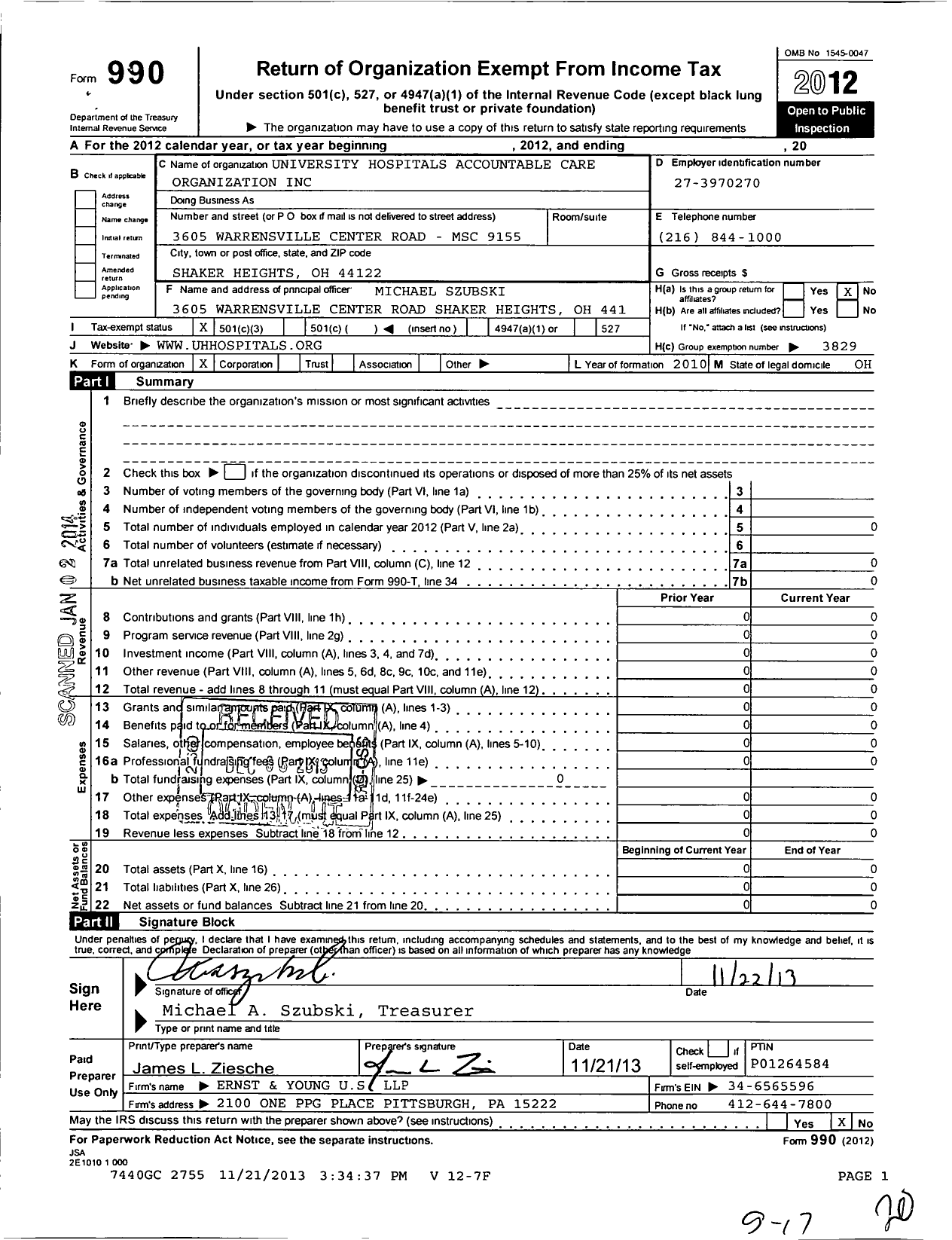 Image of first page of 2012 Form 990 for University Hospitals Accountable Care Organization