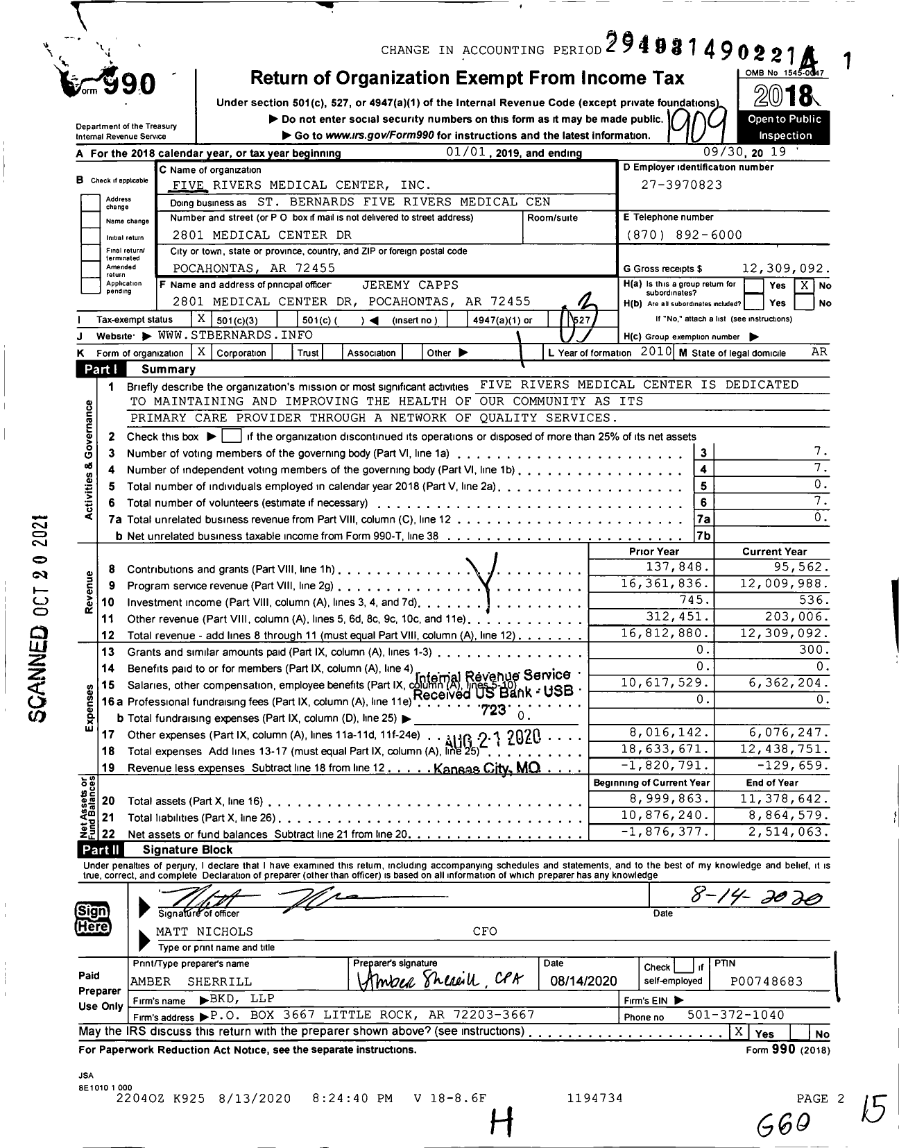 Image of first page of 2018 Form 990 for St Bernards Five Rivers Medical Center