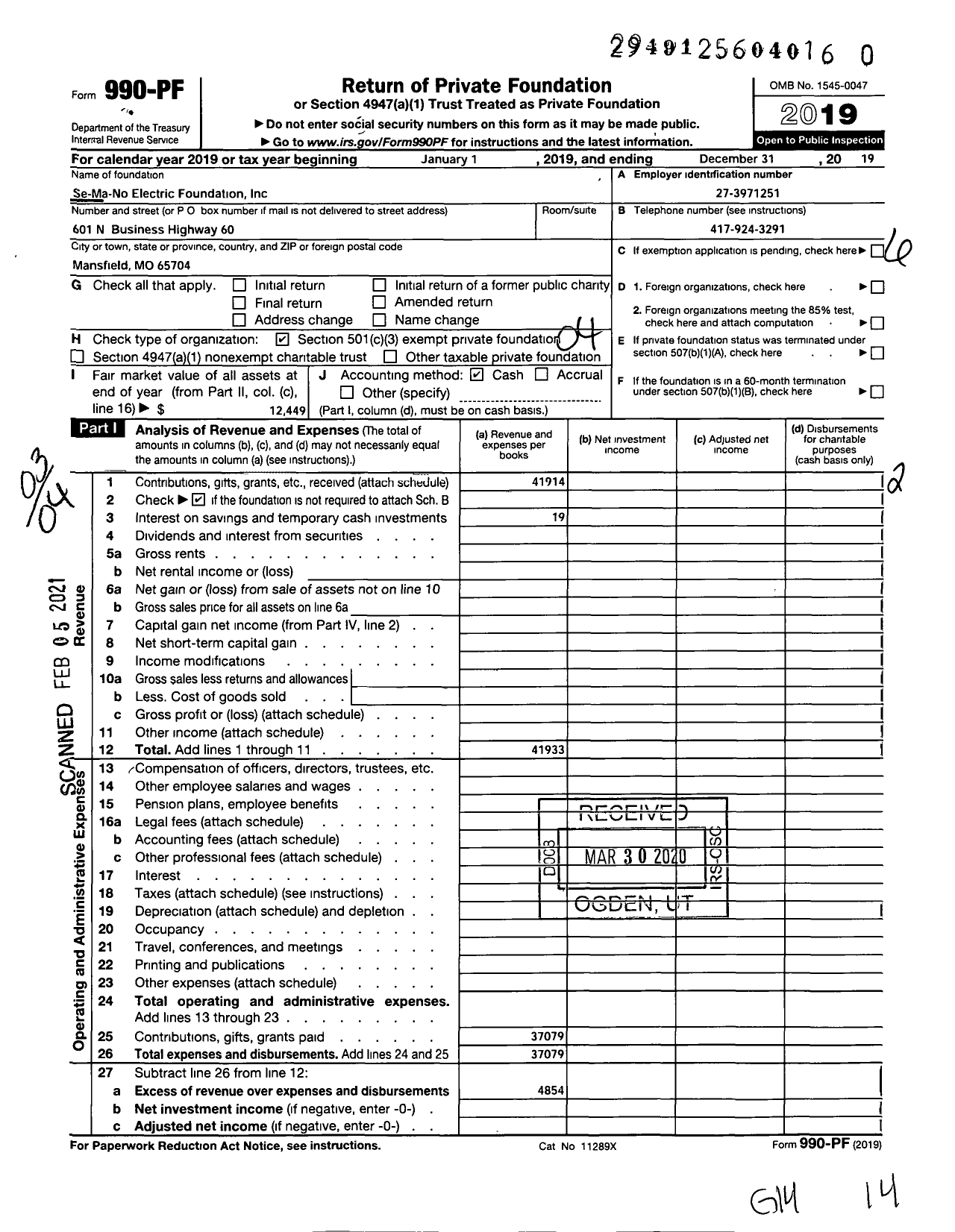 Image of first page of 2019 Form 990PF for Se-Ma-No Electric Foundation