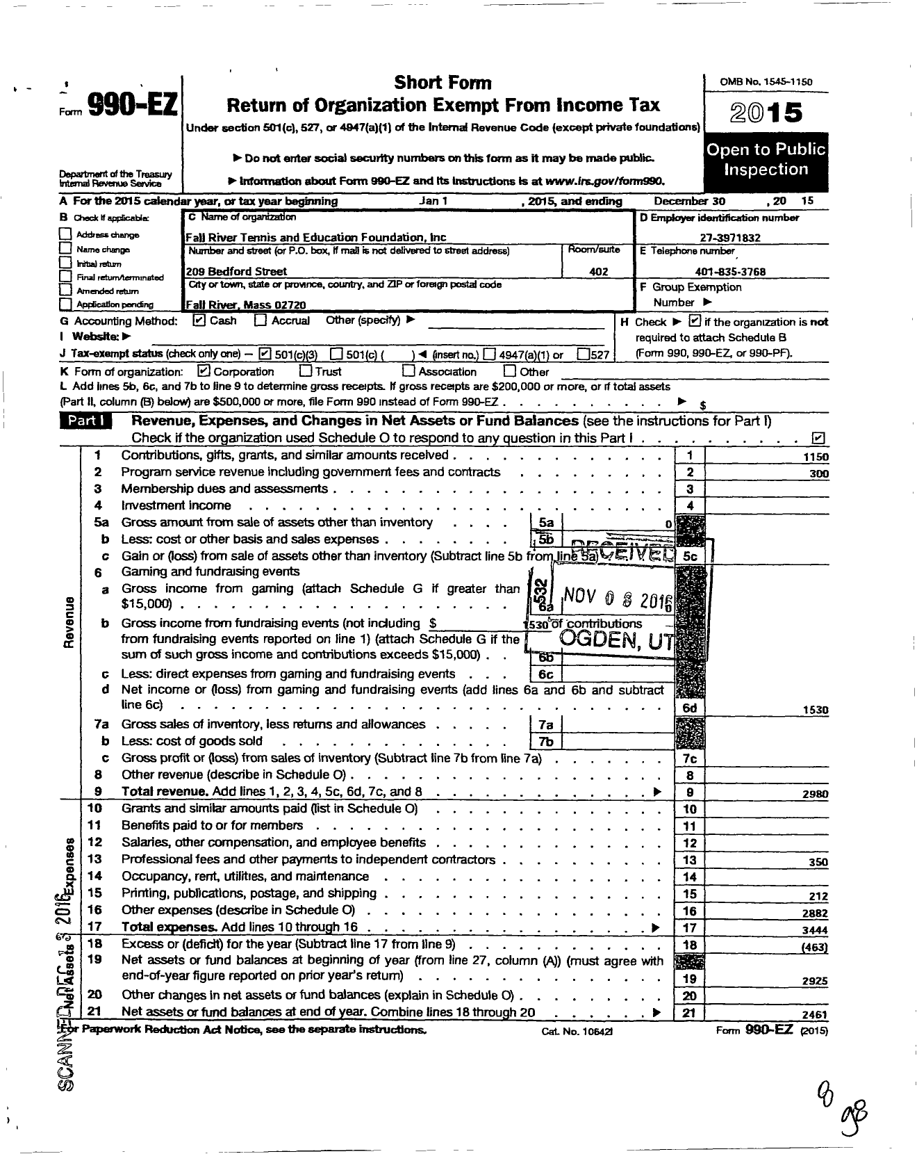 Image of first page of 2015 Form 990EZ for Fall River Tennis and Education Foundation