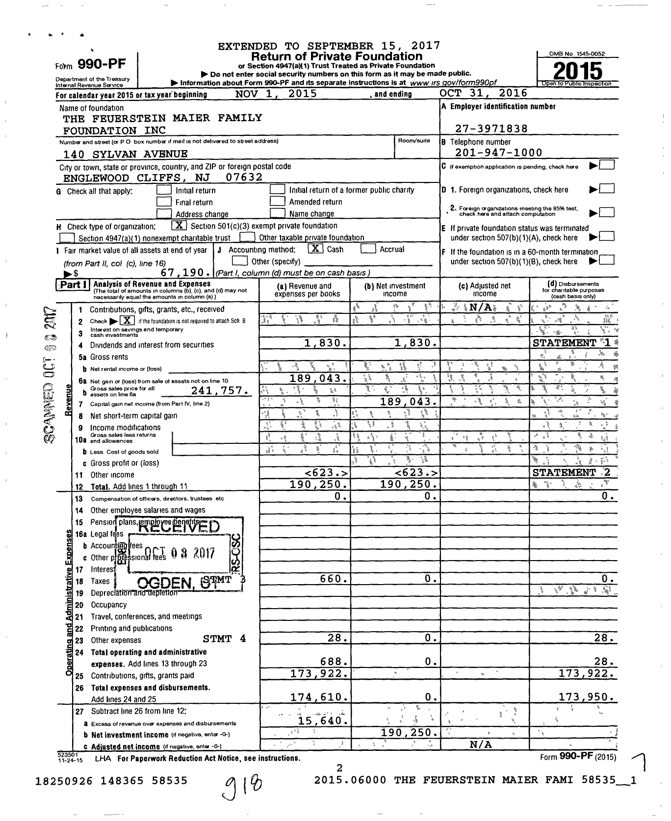 Image of first page of 2015 Form 990PF for The Feuerstein Maier Family Foundation