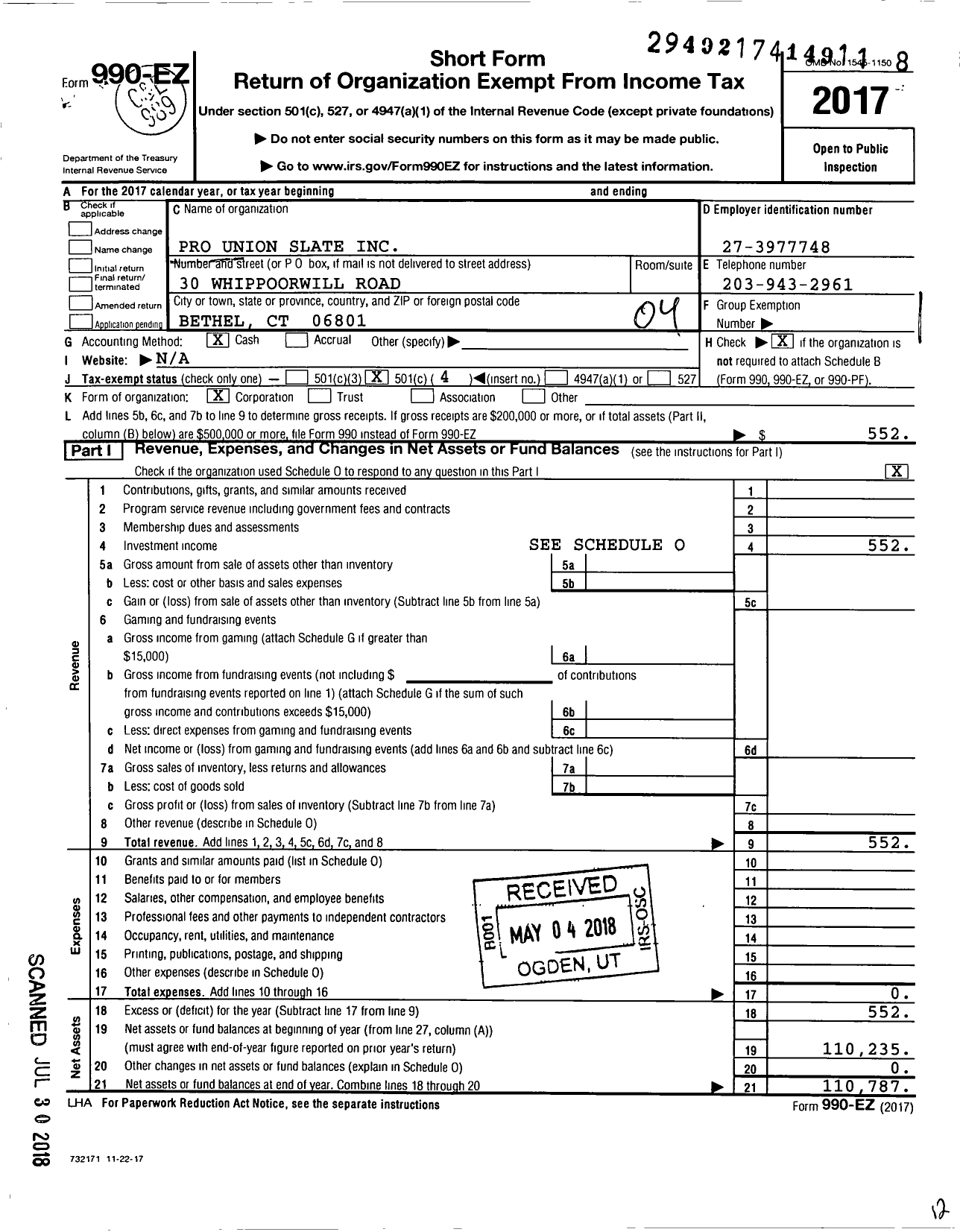 Image of first page of 2017 Form 990EO for Pro Union Slate