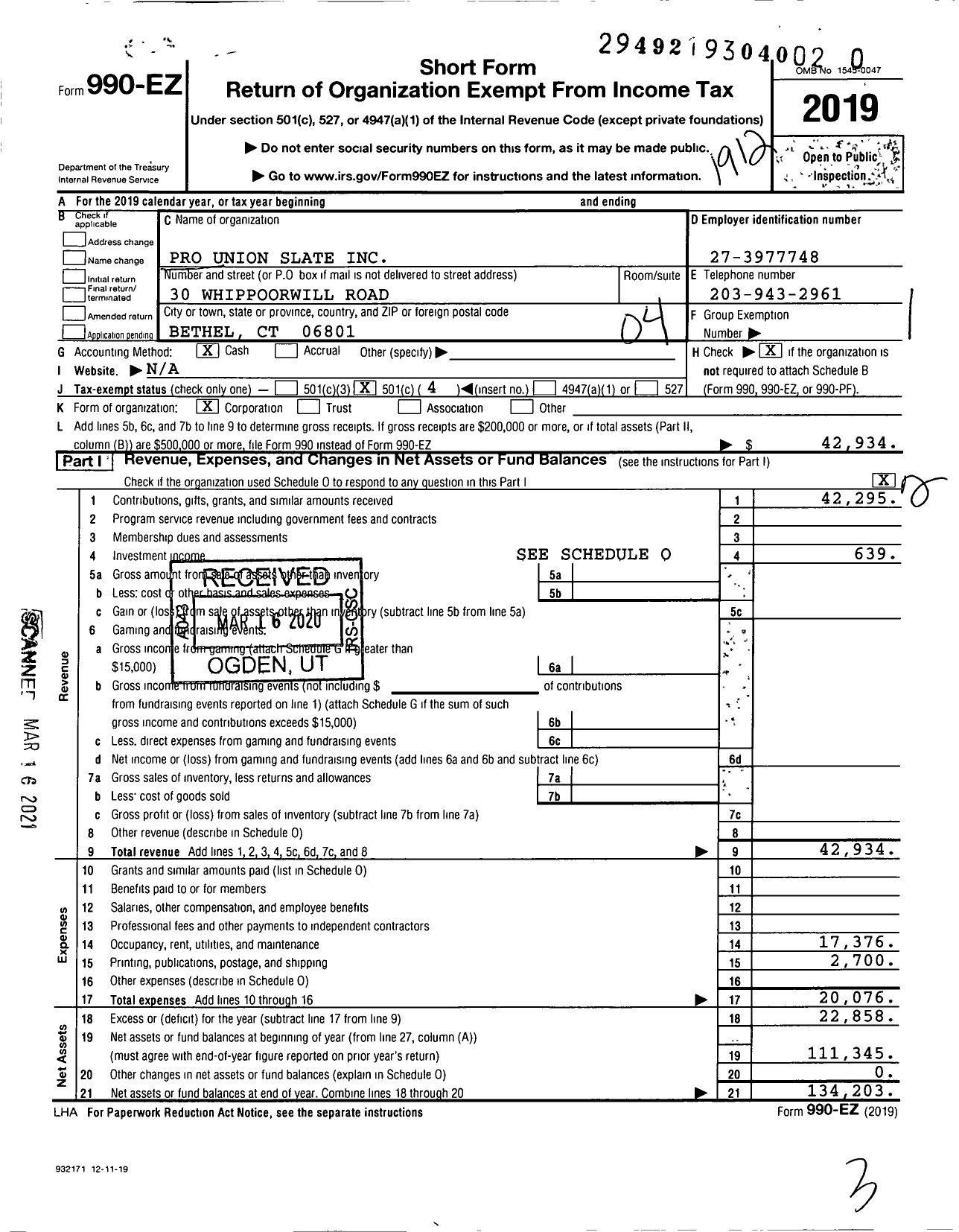 Image of first page of 2019 Form 990EO for Pro Union Slate