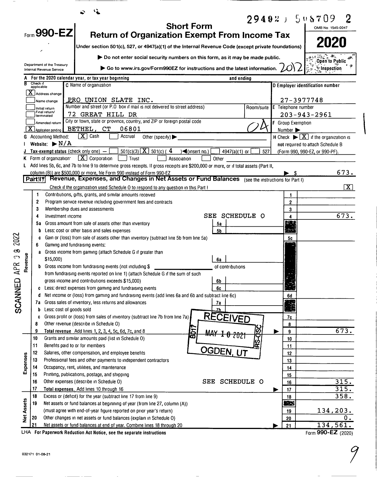 Image of first page of 2020 Form 990EO for Pro Union Slate