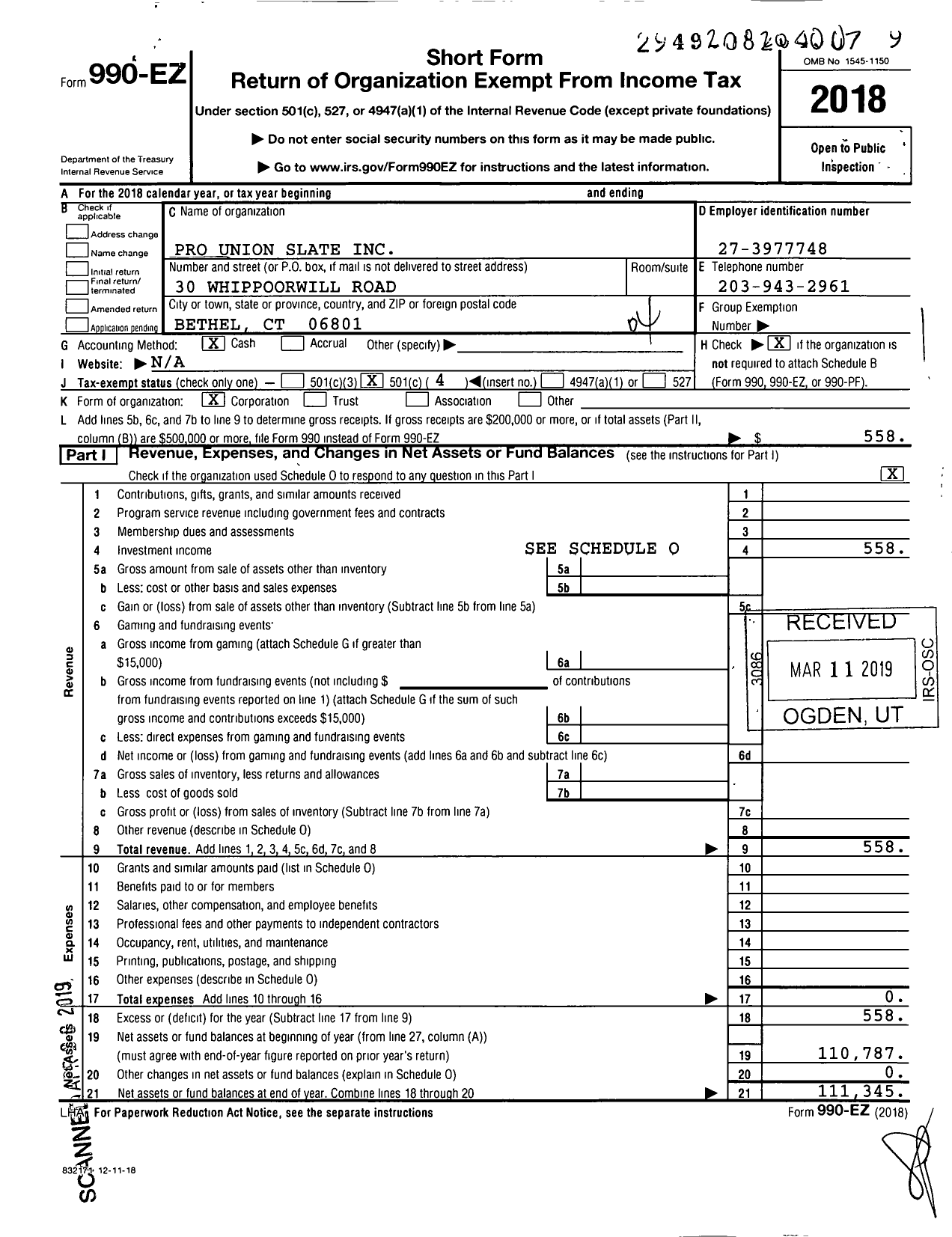 Image of first page of 2018 Form 990EO for Pro Union Slate