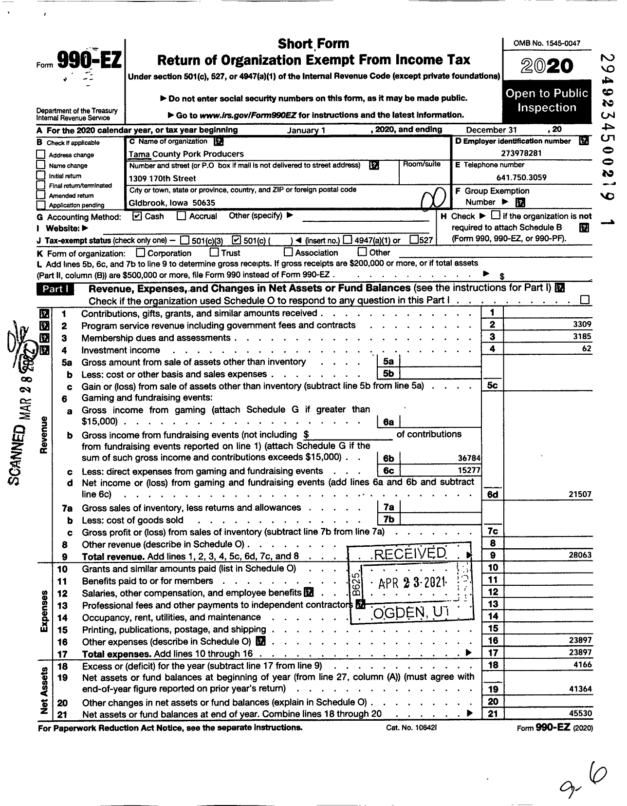 Image of first page of 2020 Form 990EO for Tama County Pork Producers Association