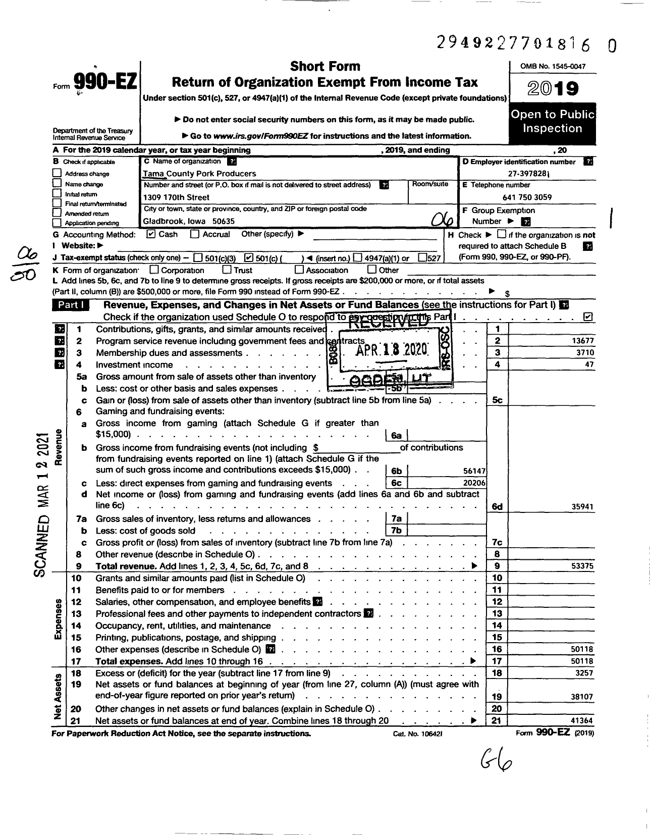 Image of first page of 2019 Form 990EO for Tama County Pork Producers Association