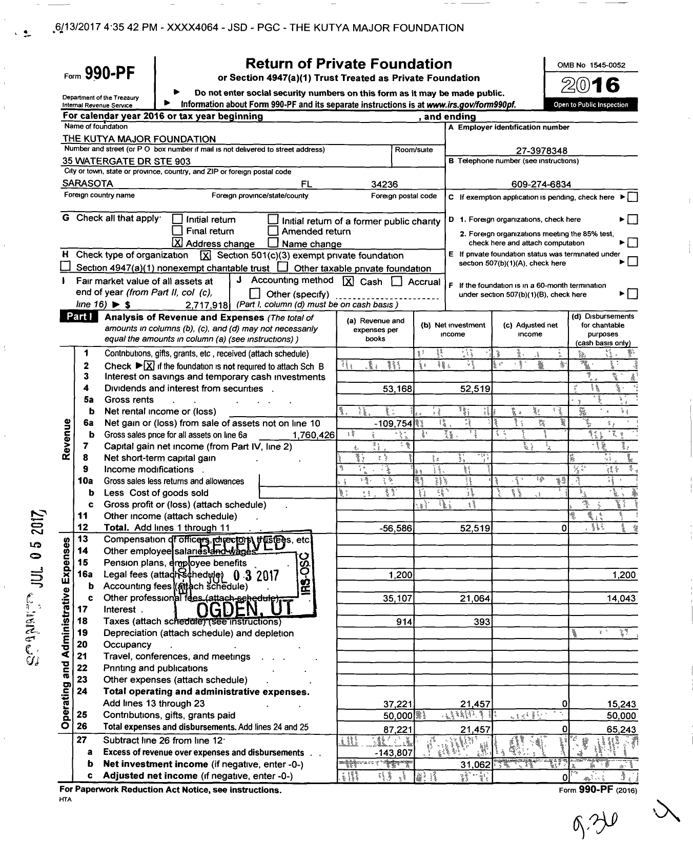 Image of first page of 2016 Form 990PF for The Kutya Major Foundation