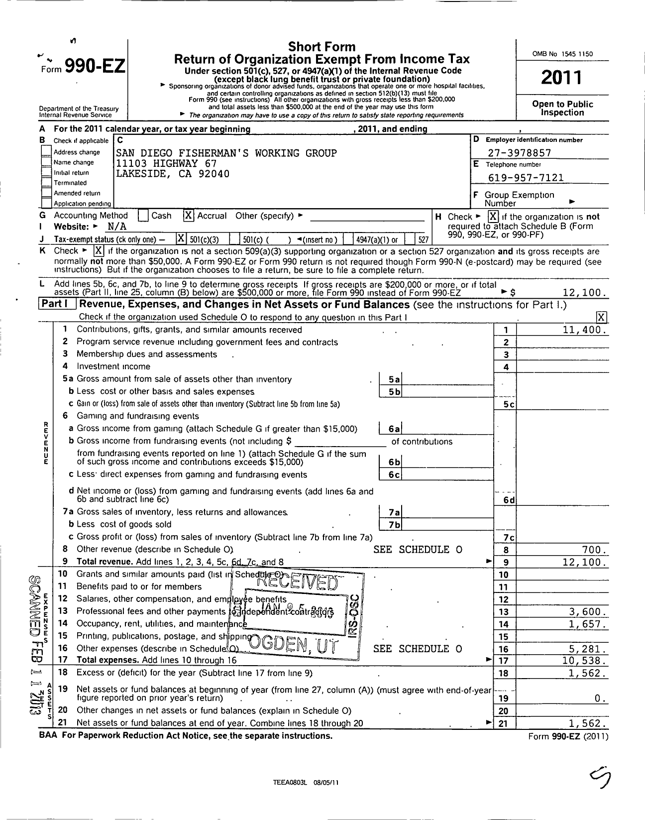 Image of first page of 2011 Form 990EZ for San Diego Fishermens Working Group