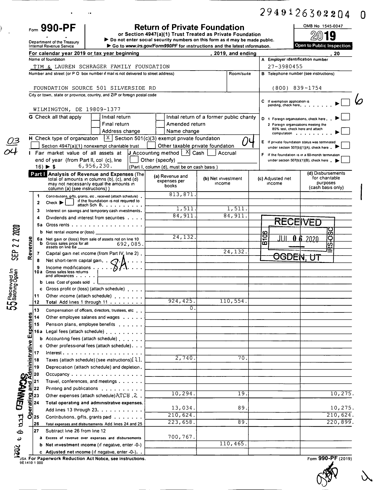 Image of first page of 2019 Form 990PF for Tim & Lauren Schrager Family Foundation