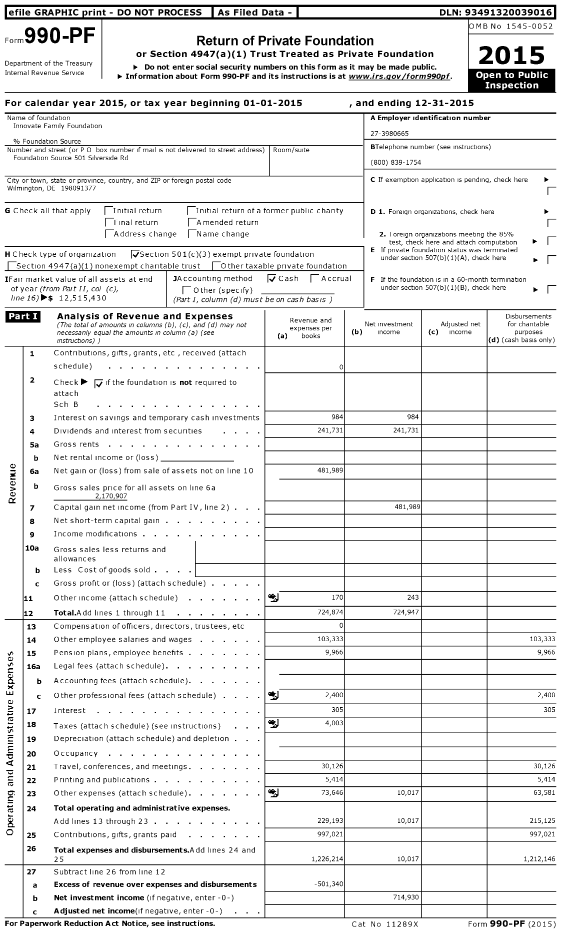 Image of first page of 2015 Form 990PF for Innovate Family Foundation