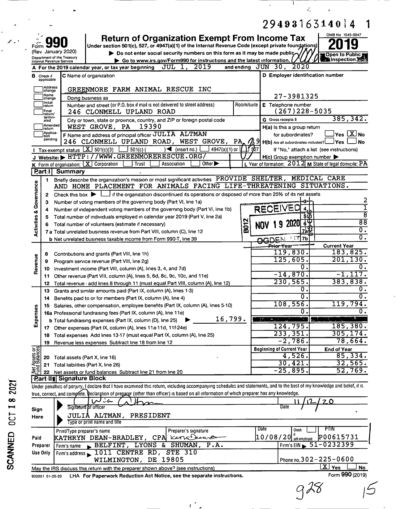 Image of first page of 2019 Form 990 for Greenmore Farm Animal Rescue