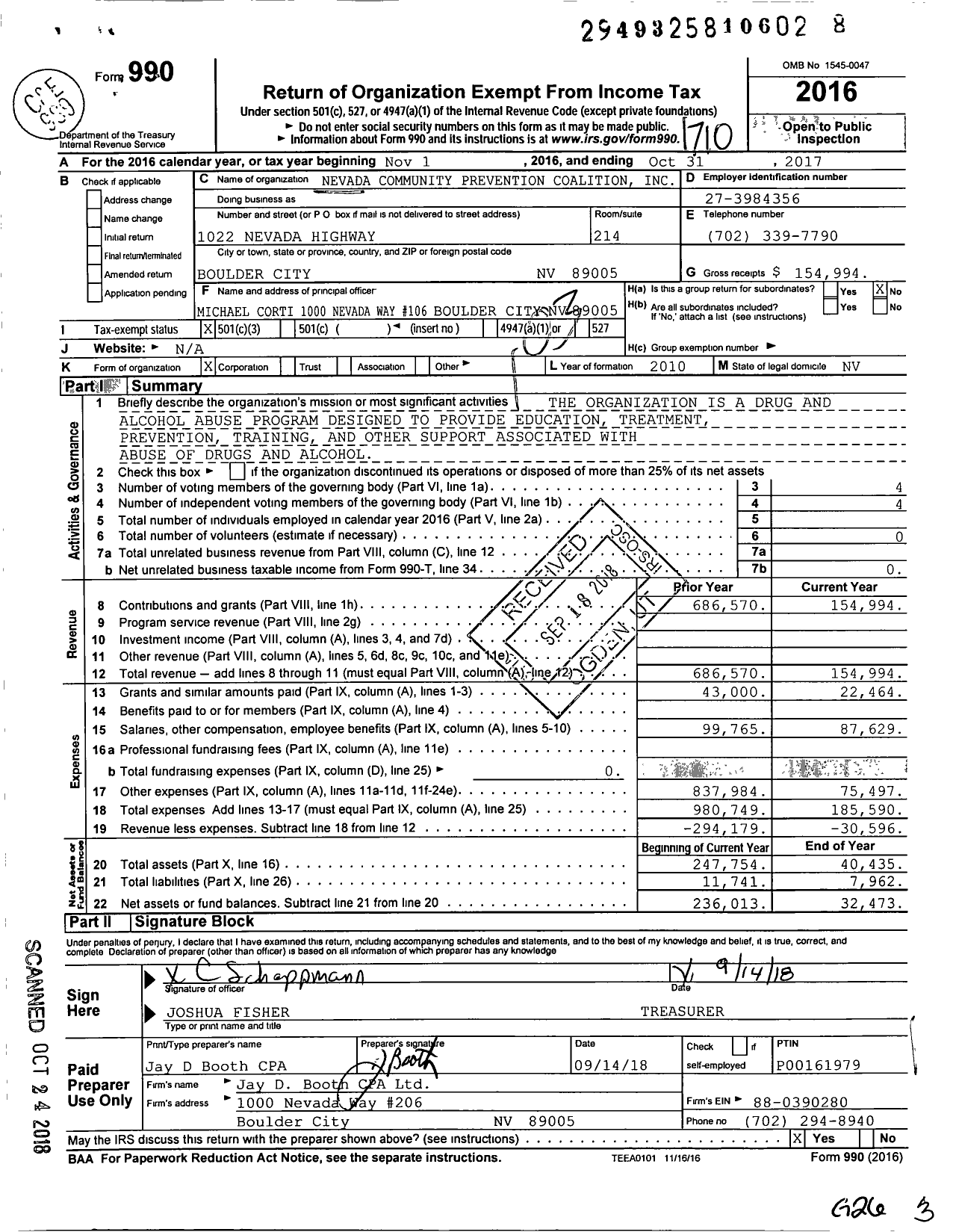 Image of first page of 2016 Form 990 for Nevada Community Prevention Coalition